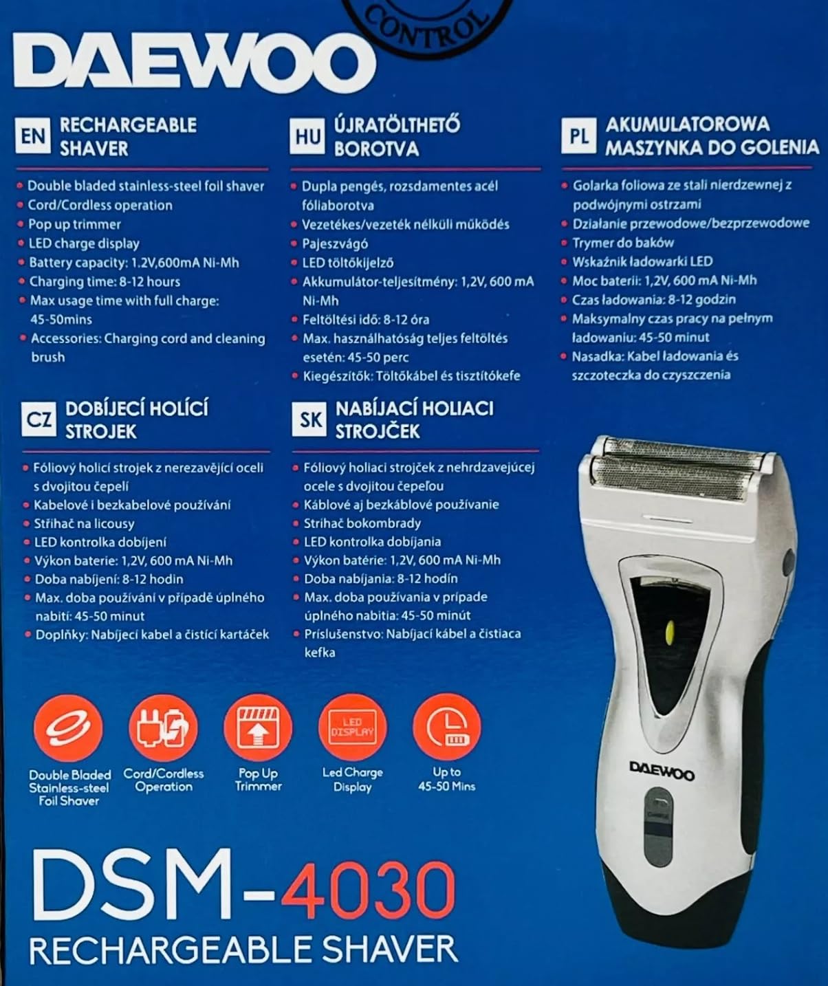 DAEWOO DSM-4030 Afeitadora inalámbrica | Afeitadora de doble hoja | Recargable | Trimmer | Cuchillas de acero inoxidable y pantalla de lámina