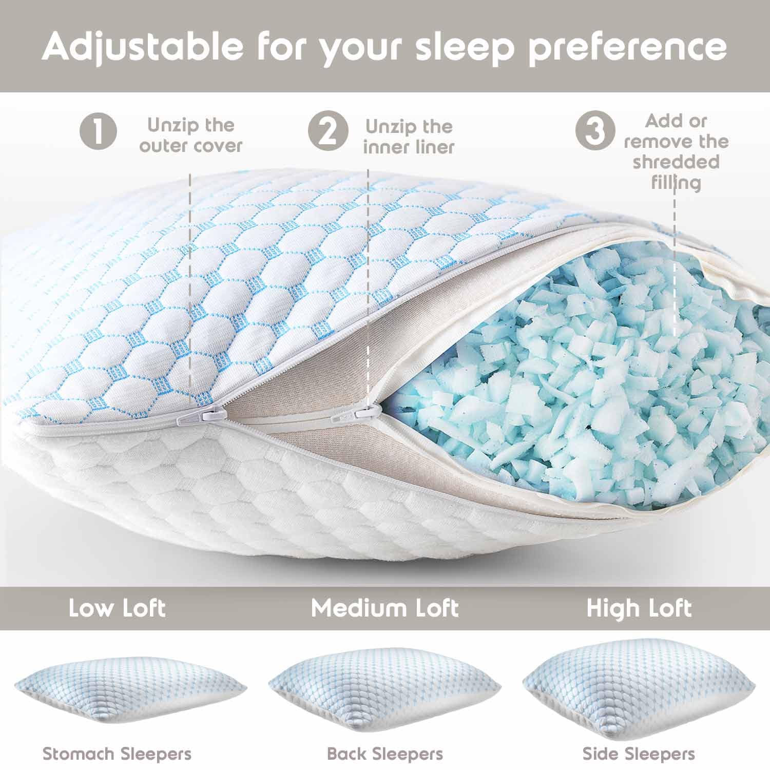Almohada Nestl Bedding Rayon & Gel Memory Foam Ajustable y Lavable en King para Reducción de Calor y Humedad