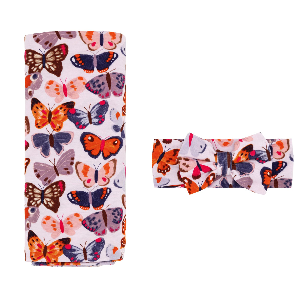 Little Sleepies Juego de Manta Envolvente y Diadema con Moño, Viscosa de Bambú Mantas Envolventes para Bebé, Ropa para Bebé Recién Nacida (Butterfly Kisses)