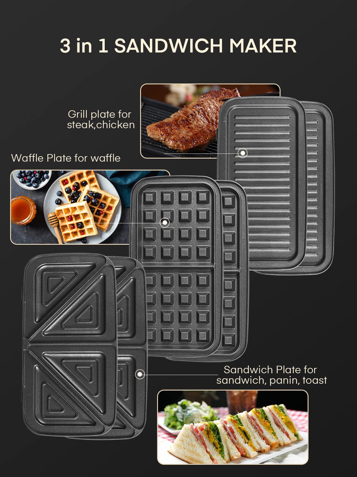 FOHERE Waffle Maker 3 en 1 Sandwichera Prensa Panini de 1200 W con placas extraíbles y control de temperatura de 5 engranajes, revestimiento antiadherente, fácil de limpiar, luces indicadoras,