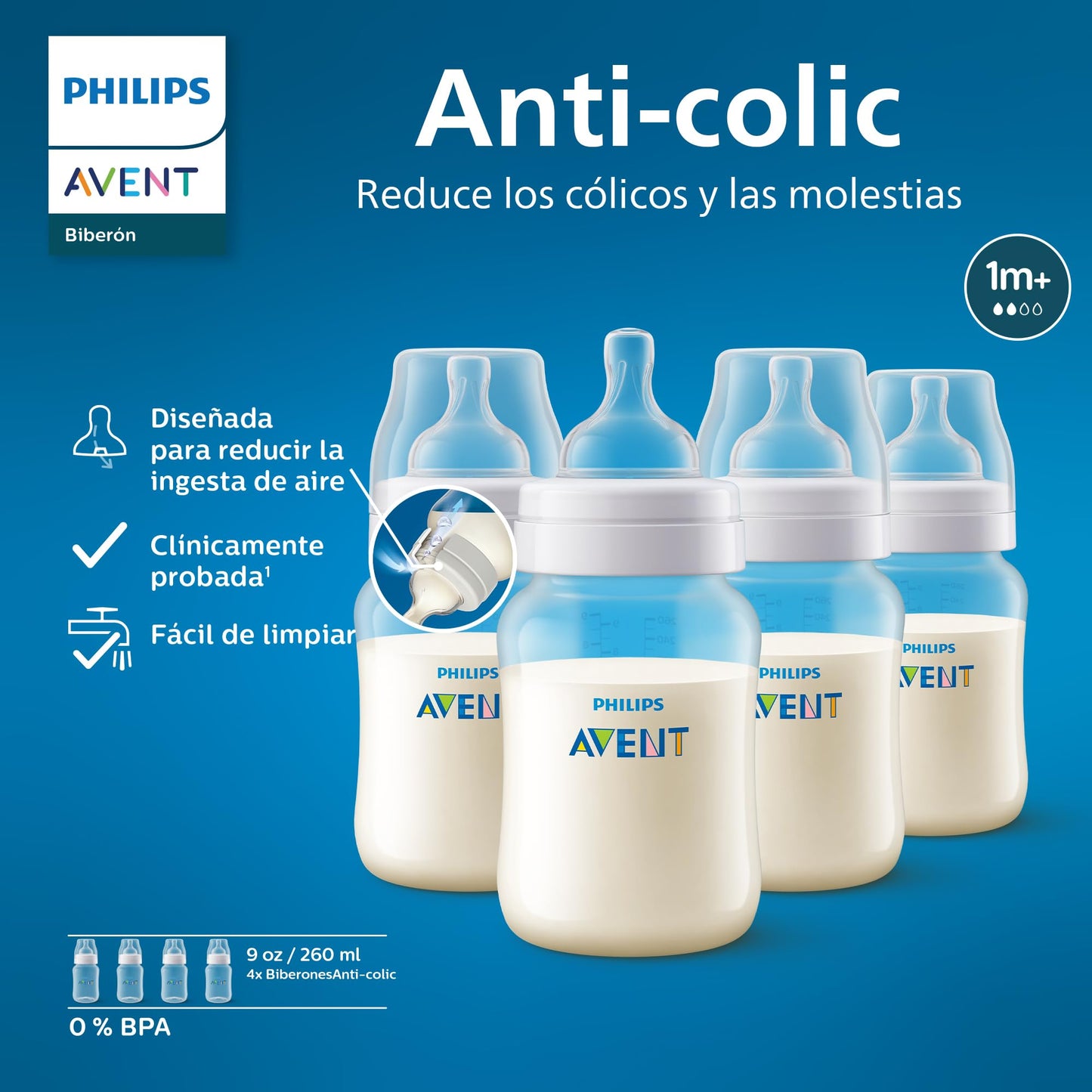 Biberón Philips Avent Anti-colic Azul con Válvula Anticólicos 9 oz 1 m+ - Paquete de 4 Piezas