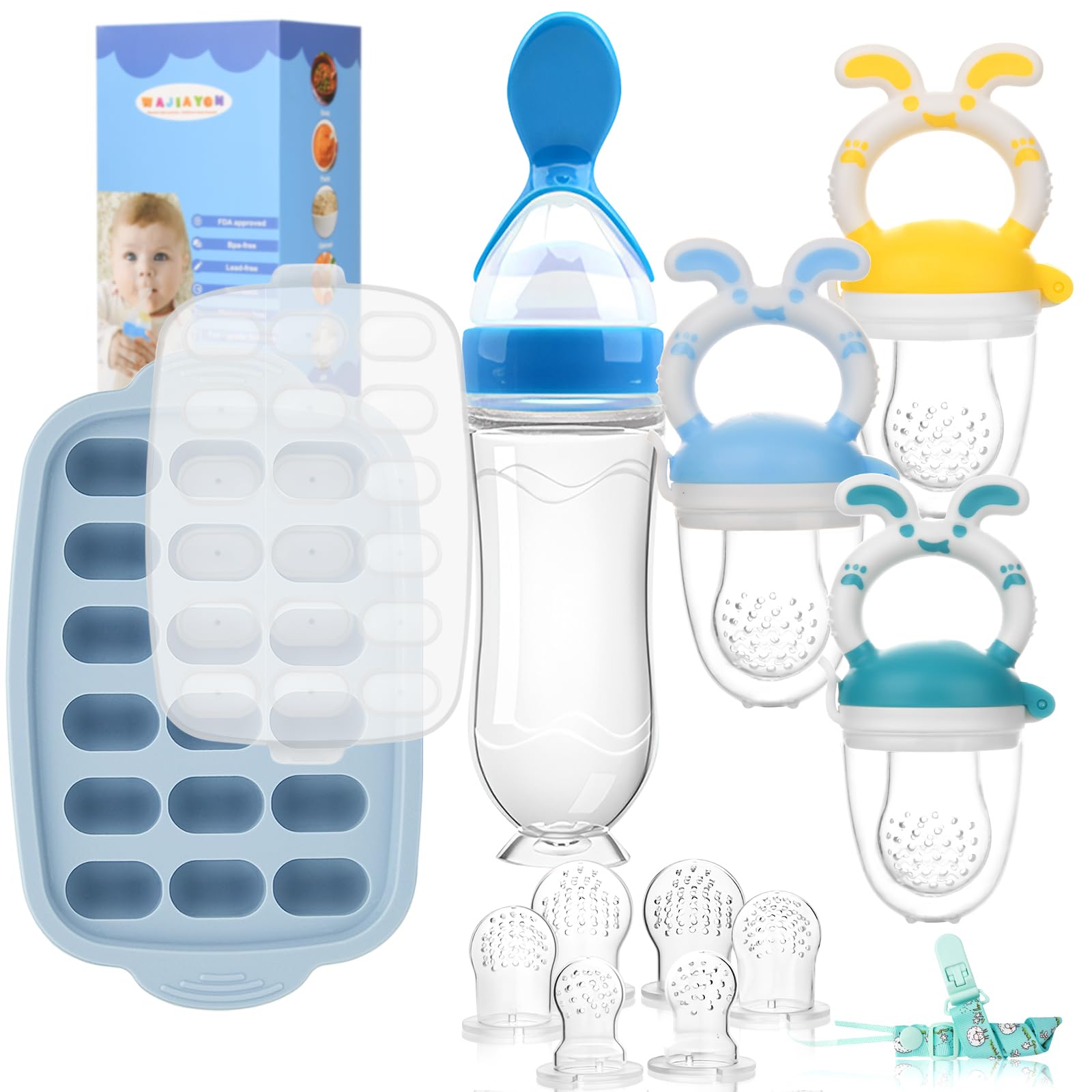 Food Feeder Baby Fresh Fruit Feeder (3 Pcs) with Silicone Pacifiers(3 Pcs), Pacifier Clip(1 Pc), First Training Baby and Toddler Spoon and Fork Set for Baby-Led Weaning-Anti-Choke(6 Pcs)