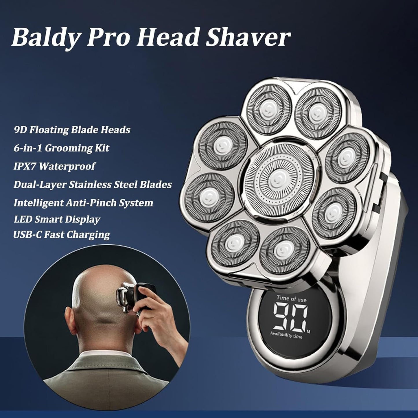 Bawldy Pro - Afeitadora de cabeza desmontable 6 en 1 con cabezales de hoja flotante 9D, resistente al agua IPX7, pantalla LED inteligente, maquinilla de afeitar inalámbrica recargable para el hogar y