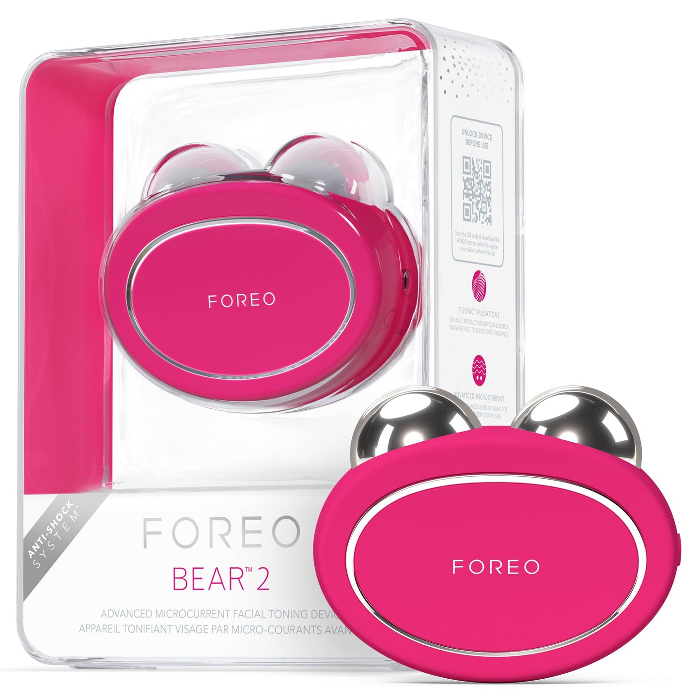 FOREO BEAR 2 - Masajeador facial electrico de microcorrientes - Radiofrecuencia facial para cuidado de la piel - Belleza reafirmante - Fuchsia