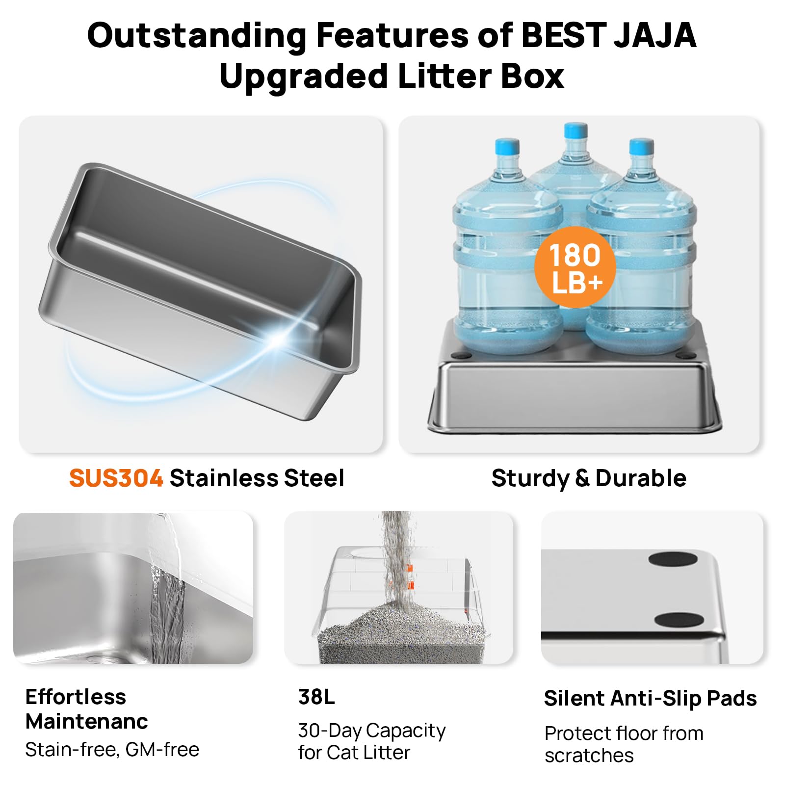 BEST JAJA Arenero de Acero Inoxidable con Tapa, de Metal Sus304, para Gatos, Cerrado, Extragrande, de Pared Alta, Jumbo con Triple Pedal, Antiadherente, Antifugas (XL, Negro)