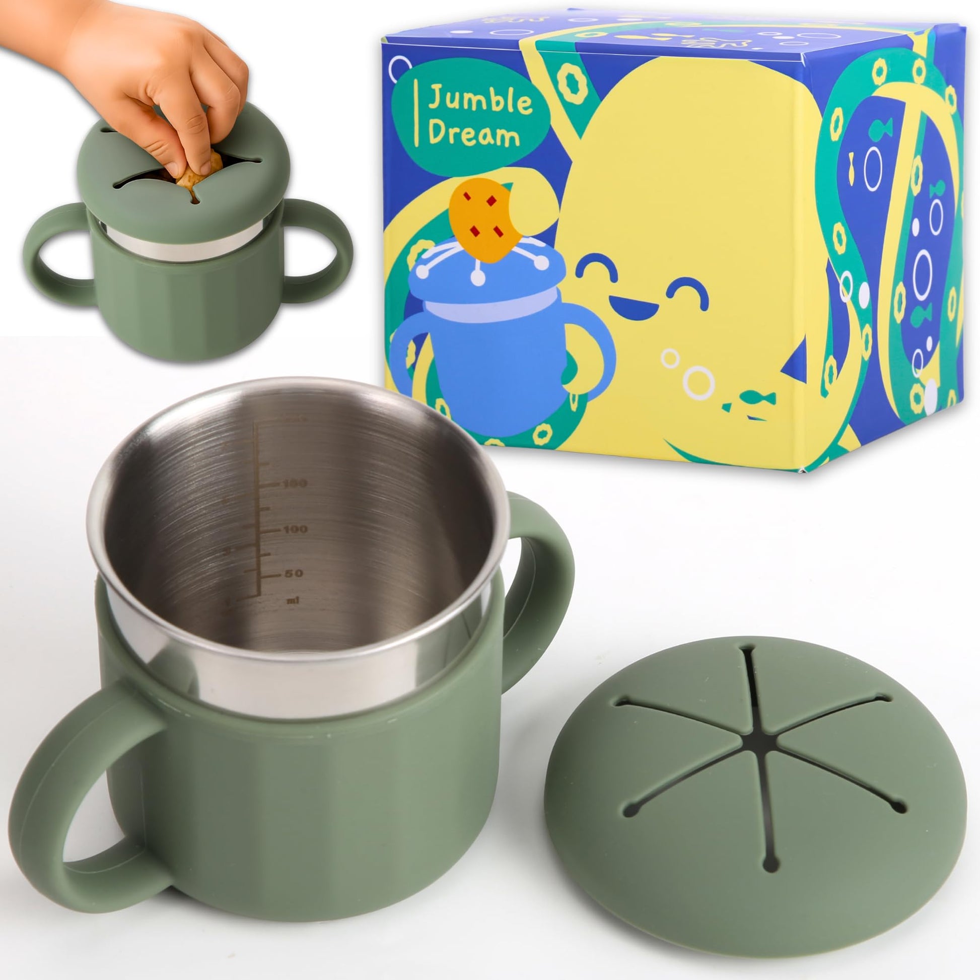 Jumble Dream - Taza de botanas de acero inoxidable para niños pequeños – Contenedor de botanas de silicona a prueba de derrames – Sin BPA, no tóxico, apto para lavaplatos, acero inoxidable de grado