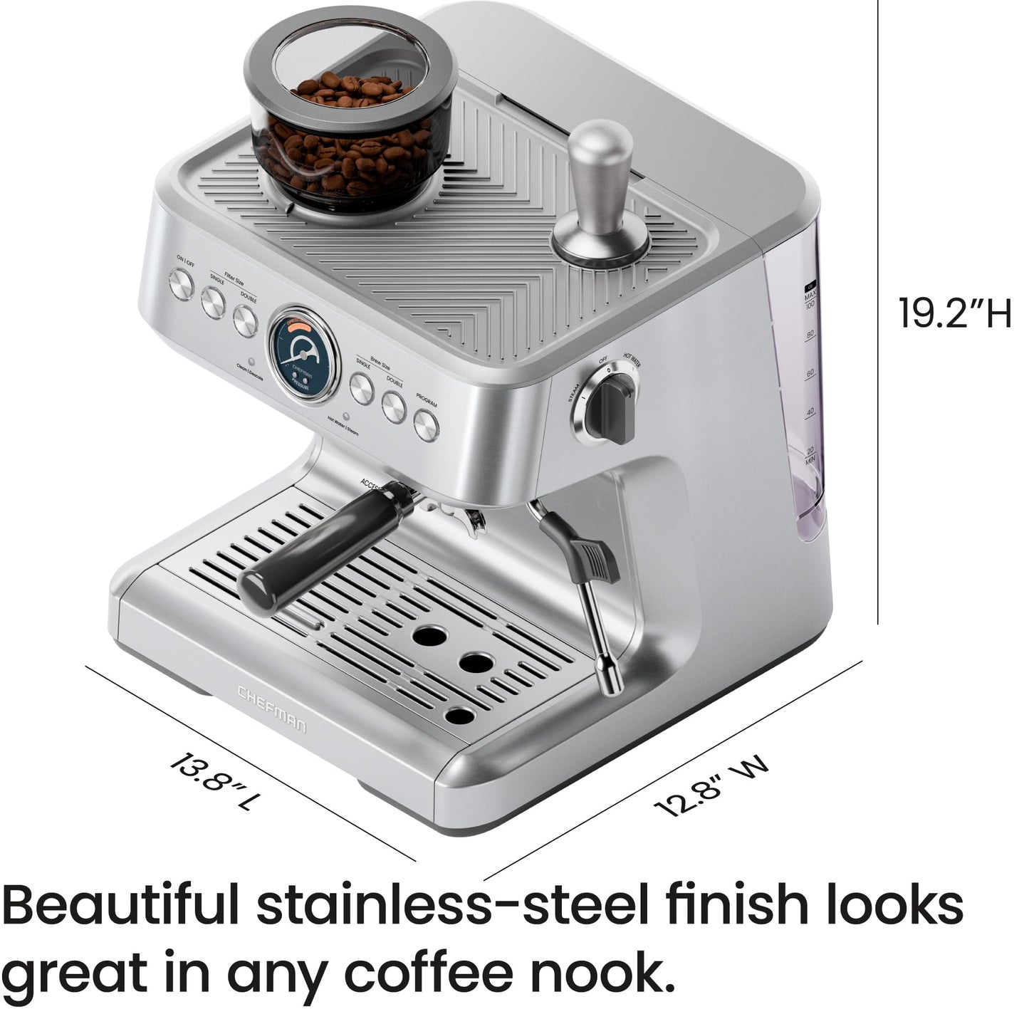 Chefman Crema Supreme - Máquina de café expreso de 15 barras con espumador de leche, barra de vapor Barista, cafetera profesional con molinillo de café, 30 ajustes de molienda, tanque de agua
