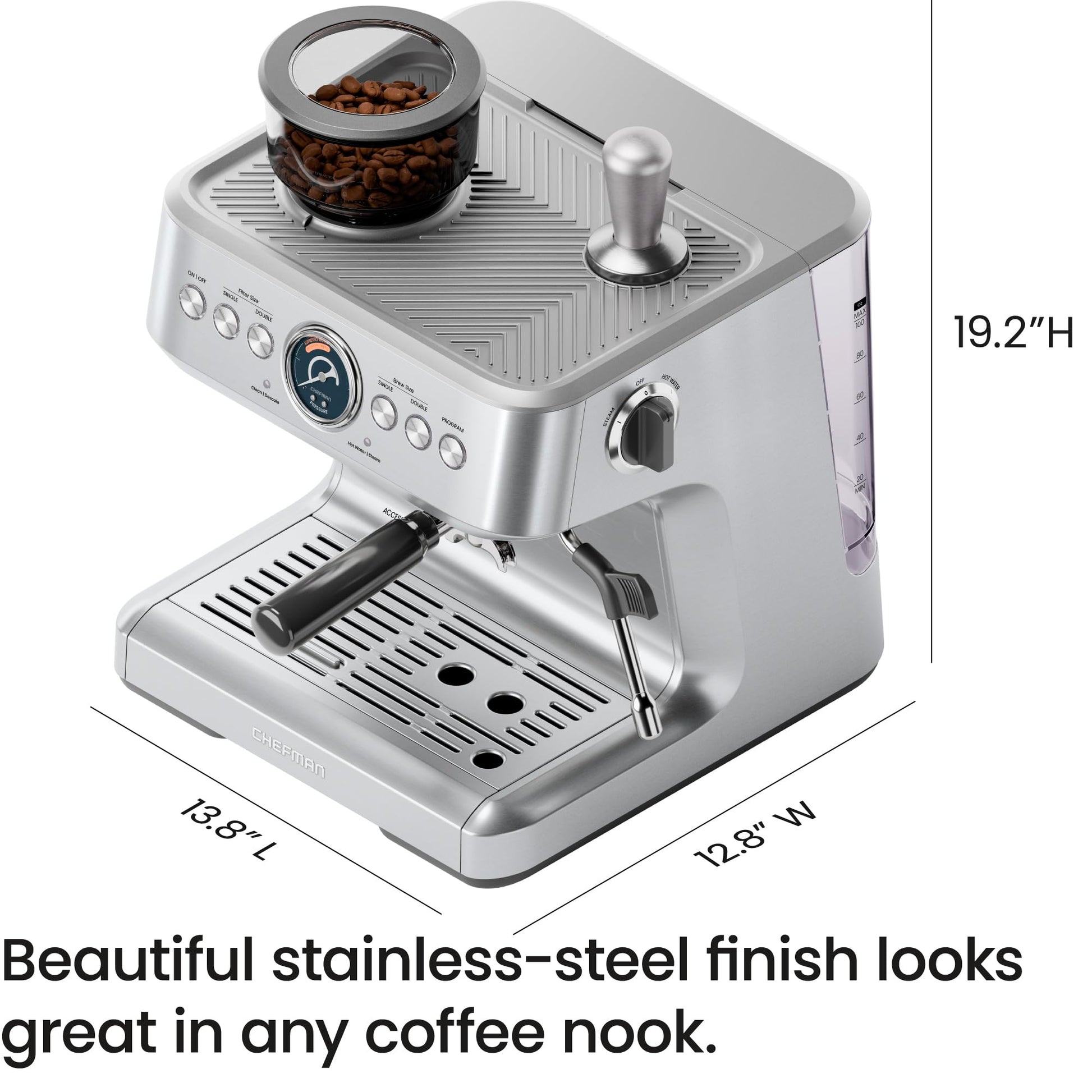 Chefman Crema Supreme - Máquina de café expreso de 15 barras con espumador de leche, barra de vapor Barista, cafetera profesional con molinillo de café, 30 ajustes de molienda, tanque de agua