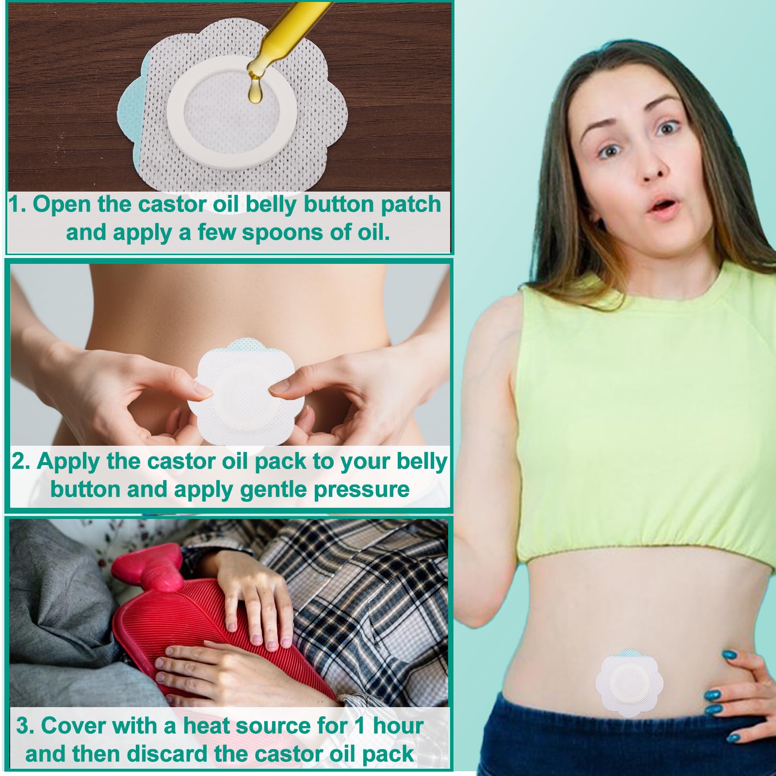 BOXOB 50 Pzs Faja para el Ombligo con Aceite de Ricino, 5 Estilos Autoadhesivas de Algodón Antifugas Muy Absorbentes con Forma Corazón Estrella y Flor Orgánicas