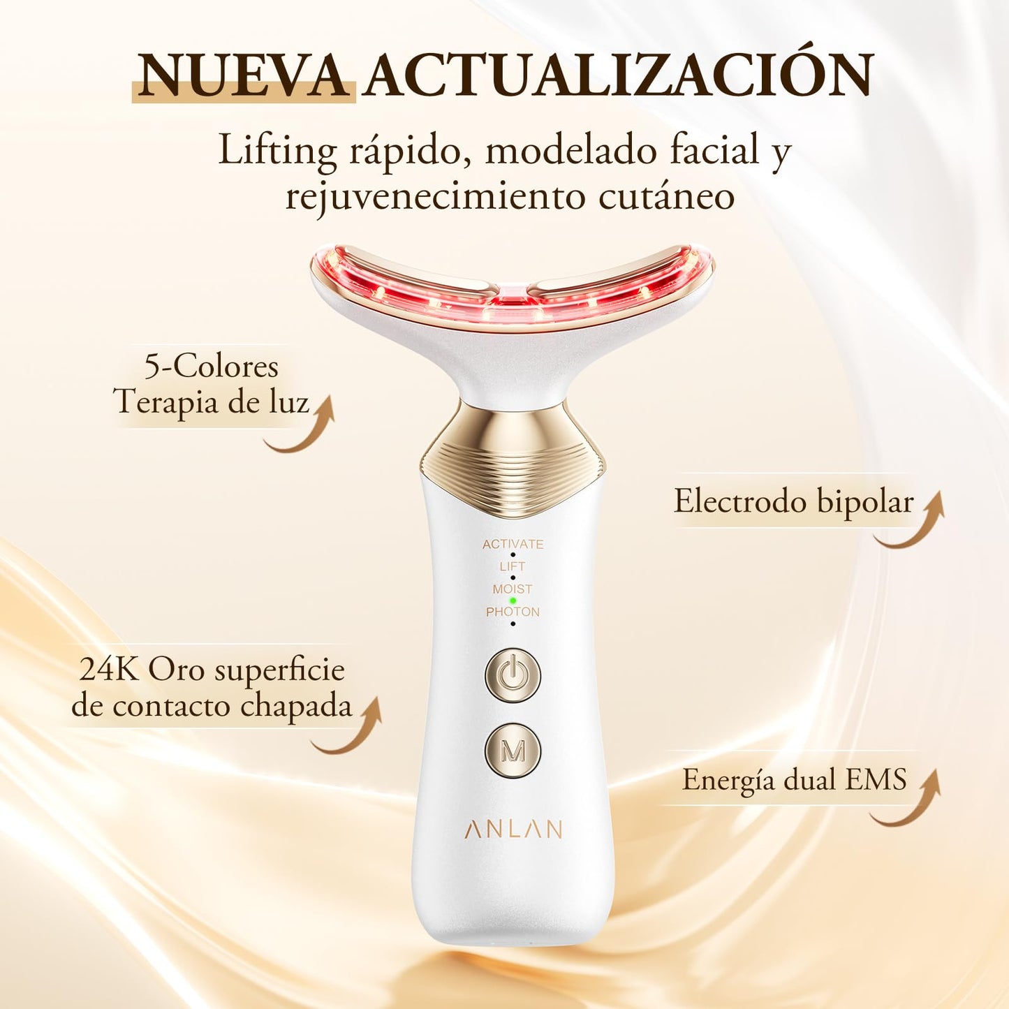 ANLAN Radiofrecuencia Facial y Cuello para Antiarrugas, Masajeador Facial Reafirmante, Lifting Anti-envejecimiento con Modo RF LED EMS