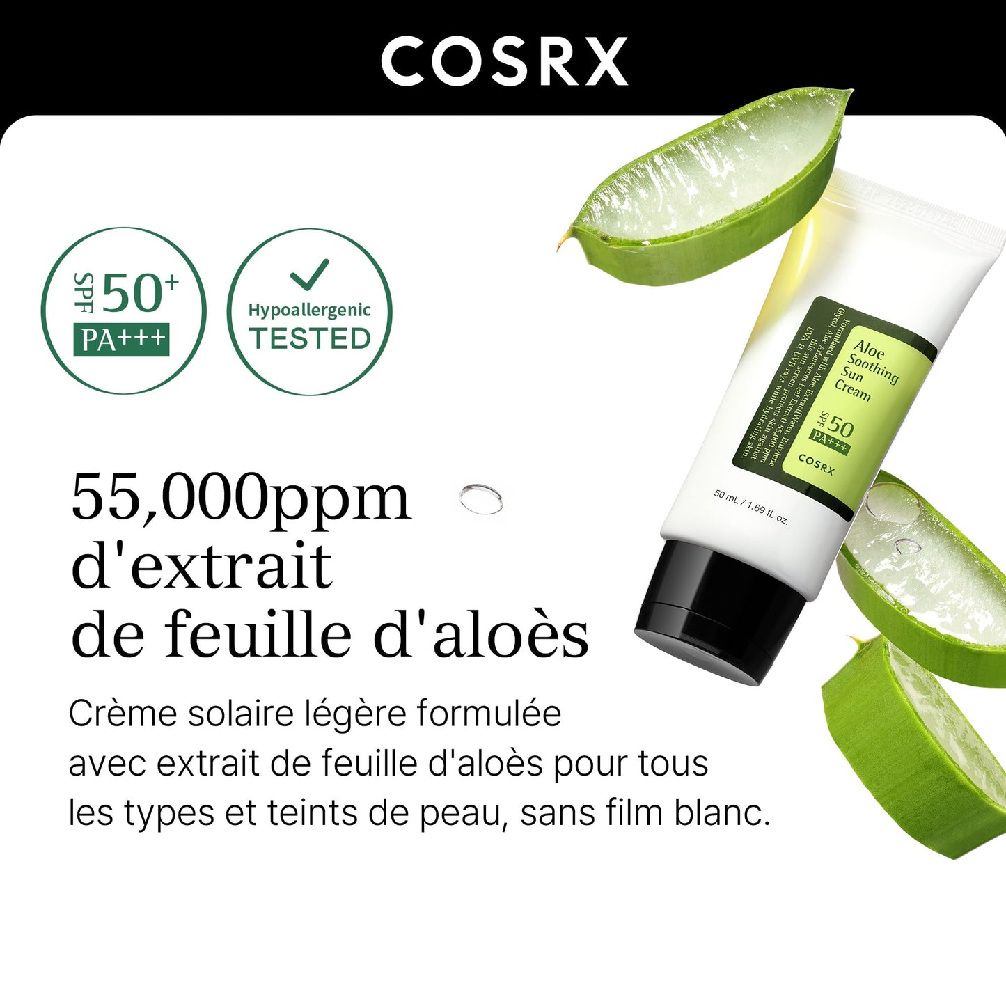 COSRX - Crema solar calmante con aloe SPF50 PA+++, 50 ml