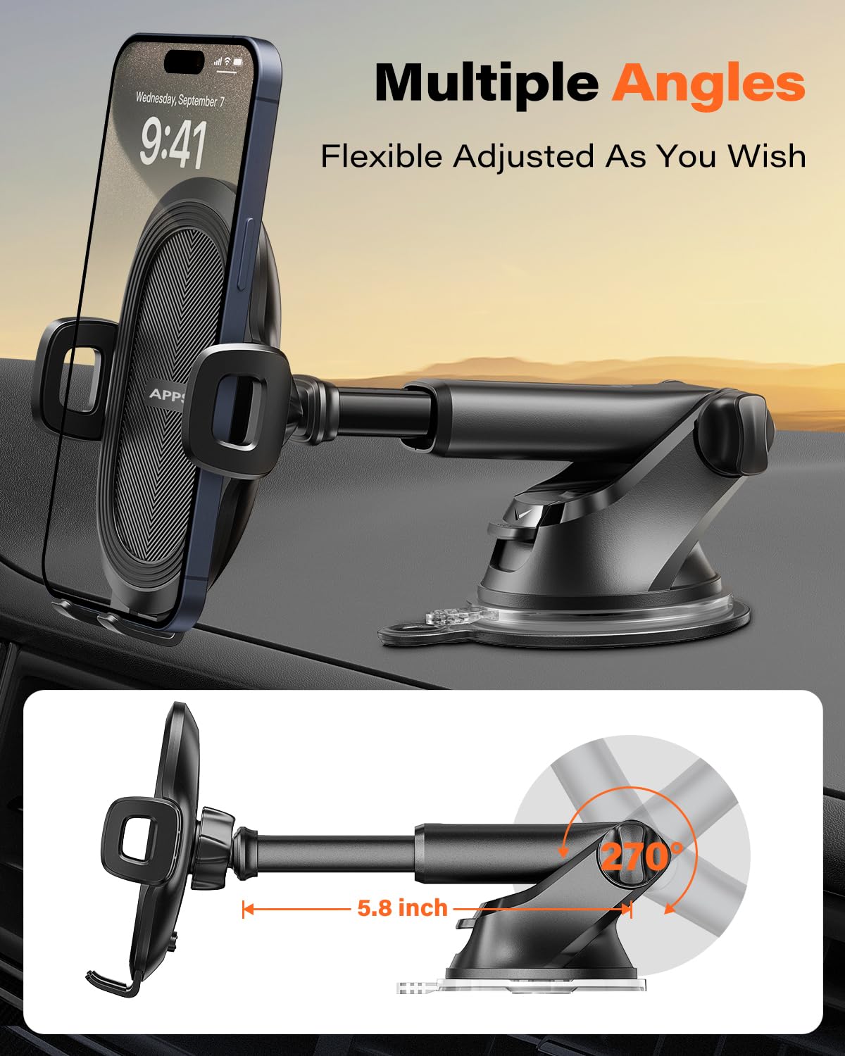 Soporte para Celular APPS2Car Negro Parabrisas y Salpicadero con Ventosa Potente para Automóvil