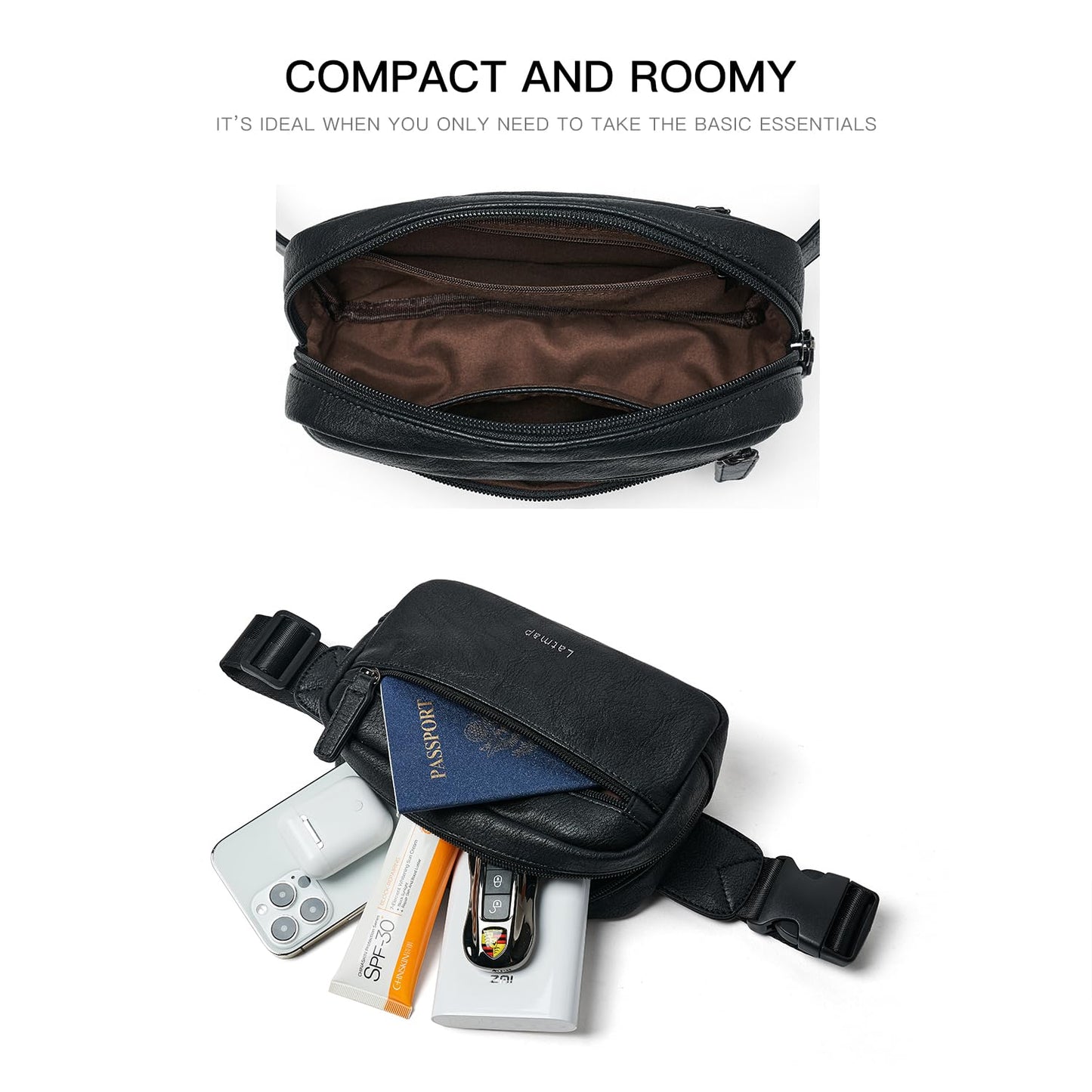 LATMAP - Riñonera de 2 L para todas partes, pequeña y a la moda, bandolera de piel sintética, impermeable, para mujer, a la moda, Negro -, Pequeño, Moda casual