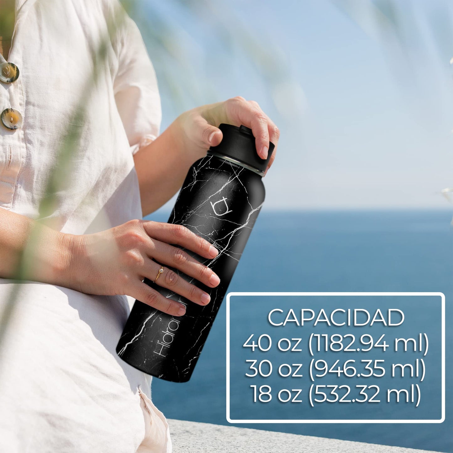 Hidranur Termo de Acero Inoxidable Doble Aislamiento Térmico, Termo Para Café 32 oz (946.35 ml), 3 Tapas Herméticas, 2 Popotes, 24 Hrs de Agua Caliente y Fría (Negro Mármol, 32 Oz (946.35 ml))