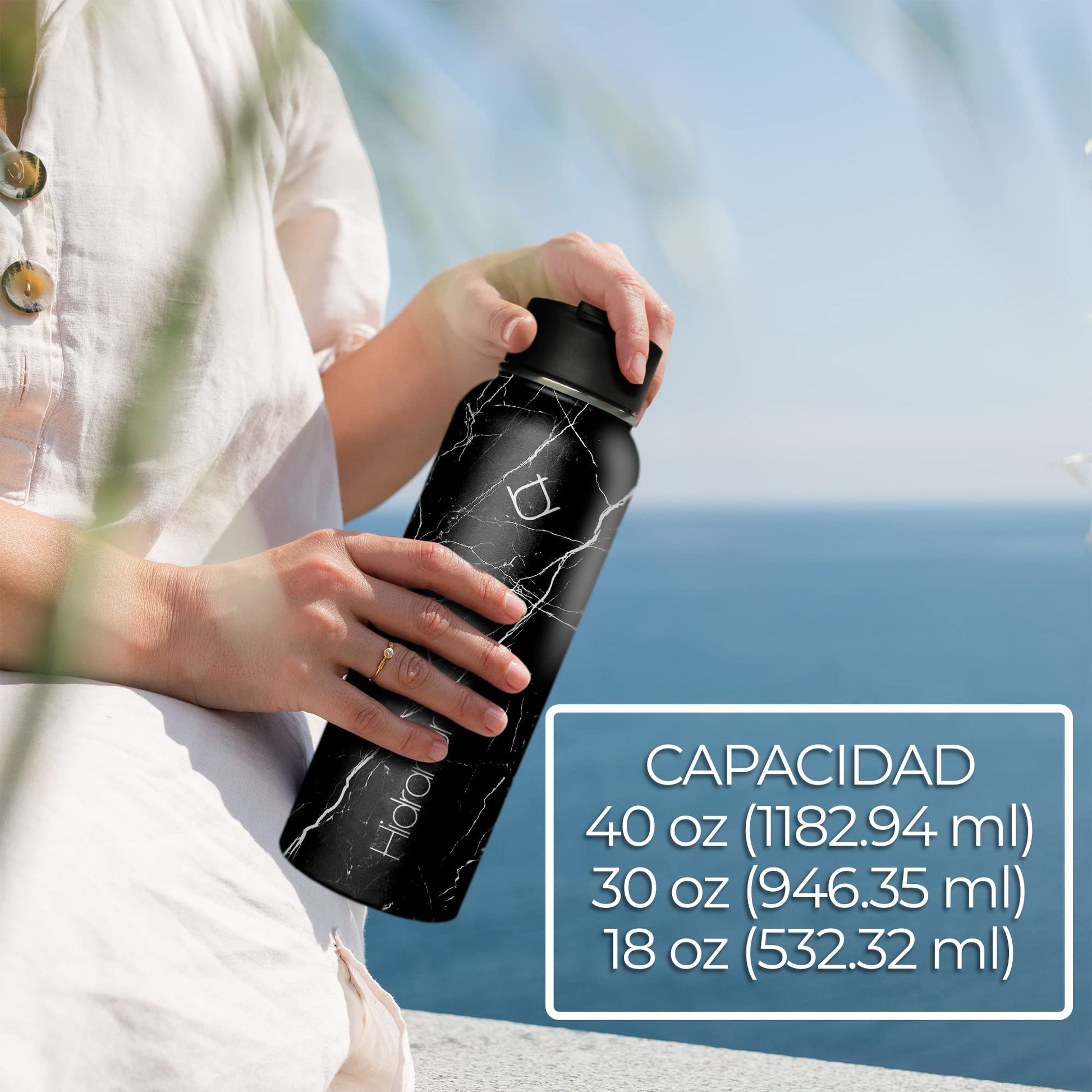 Hidranur Termo de Acero Inoxidable Doble Aislamiento Térmico, Termo Para Café 32 oz (946.35 ml), 3 Tapas Herméticas, 2 Popotes, 24 Hrs de Agua Caliente y Fría (Negro Mármol, 32 Oz (946.35 ml))