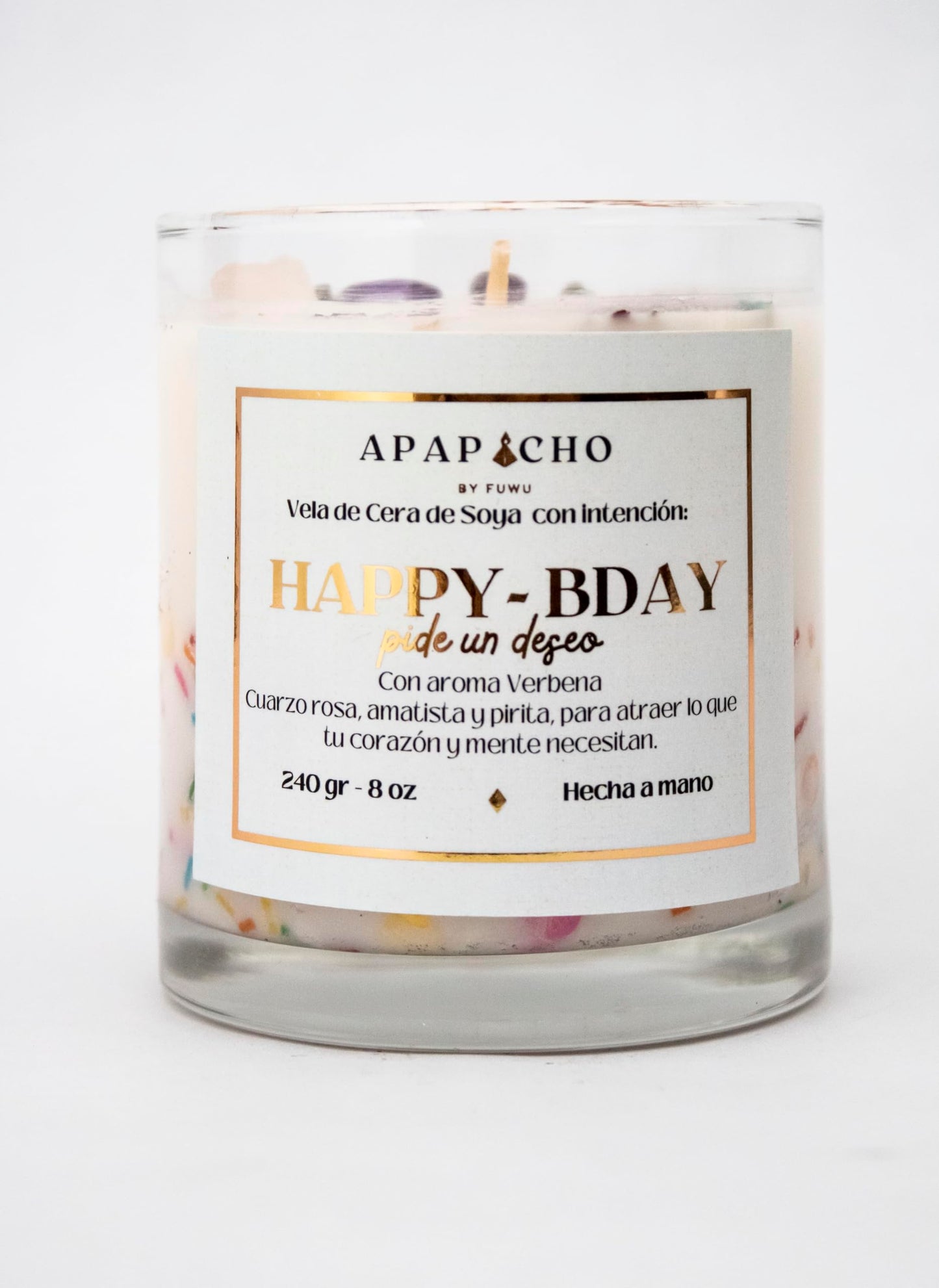 Fuwu, velas aromaticas relajantes Happy Birthday de cera de soya con cuarzos naturales, velas decorativas hechas a mano con hierbas de olor, aromatizantes para hogar, regalos de cumpleaños (Verbena)