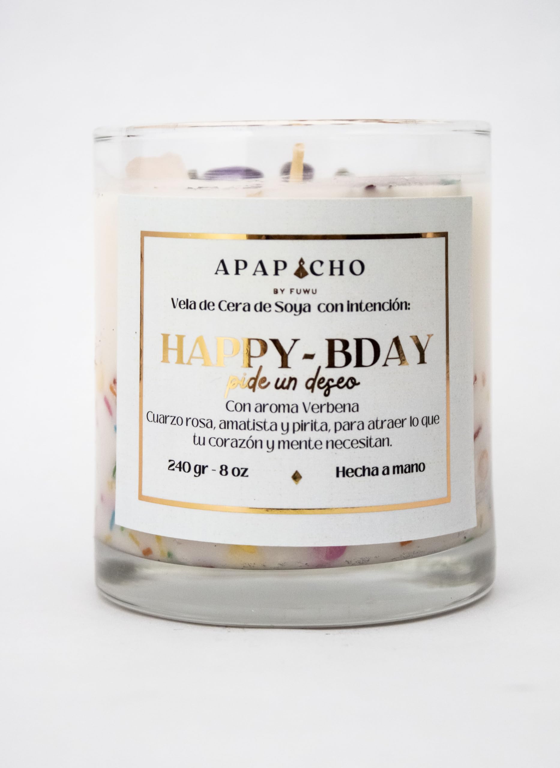 Fuwu, velas aromaticas relajantes Happy Birthday de cera de soya con cuarzos naturales, velas decorativas hechas a mano con hierbas de olor, aromatizantes para hogar, regalos de cumpleaños (Verbena)