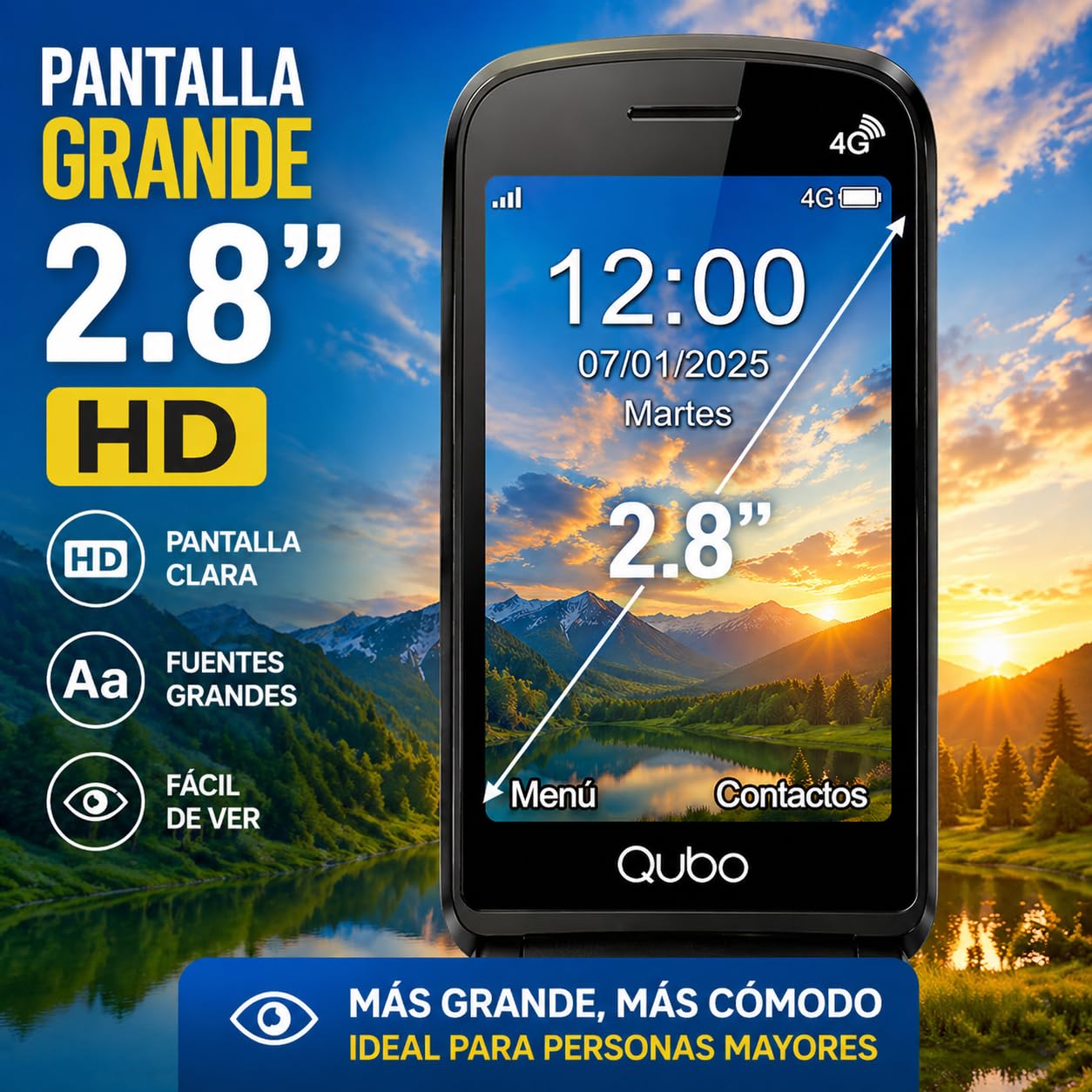 Qubo p210 Teléfono para Adultos Mayores 4G Desbloqueado | Pantalla 2.8” Grande | Teclas Grandes con Luz | Botón SOS | M1 M2 M3 | Plegable | Compatible con Chip 2G 3G 4G 5G