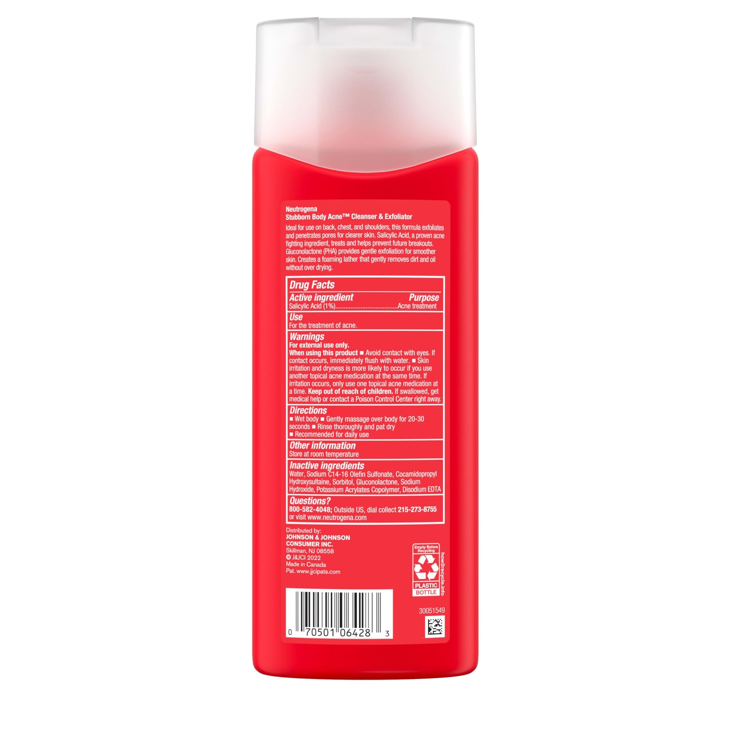 Neutrogena Stubborn Body Acne Cleanser & Exfoliator con Ácido Salicílico y PHA para piel susceptible a Acné