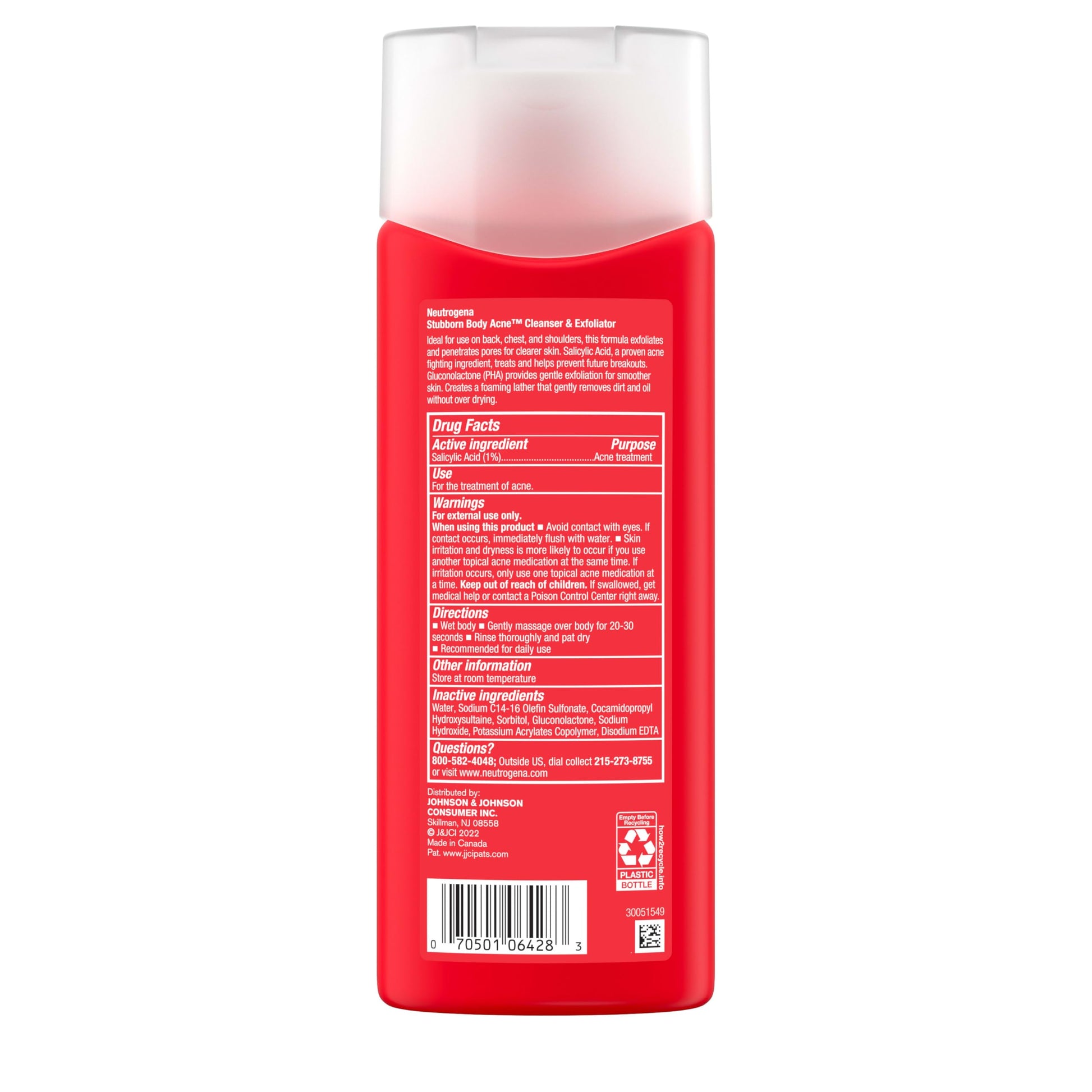 Neutrogena Stubborn Body Acne Cleanser & Exfoliator con Ácido Salicílico y PHA para piel susceptible a Acné