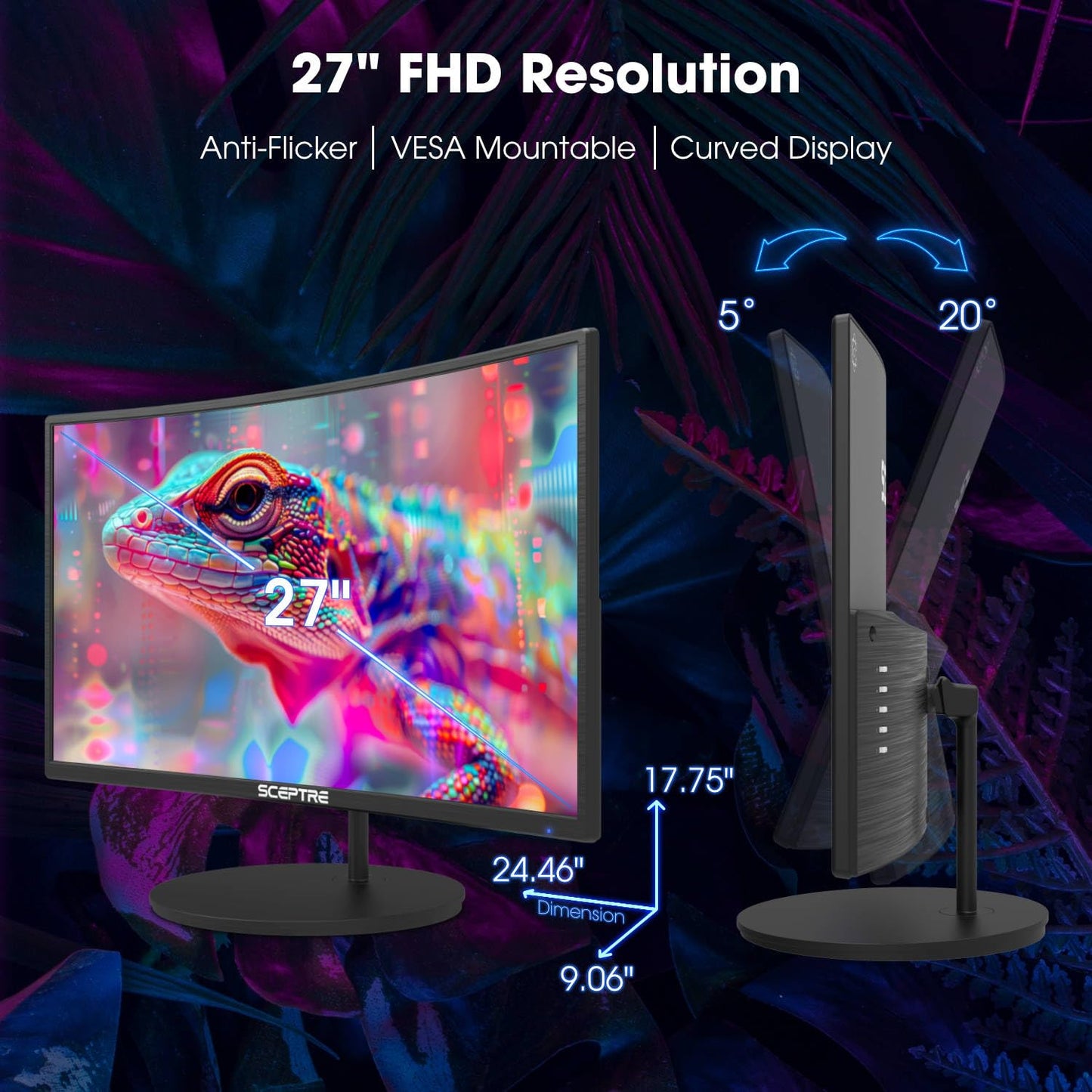 Monitor LED Curvado Sceptre Negro 27 Pulgadas FHD 1080p 75Hz HDMI VGA Altavoces Integrados 2019