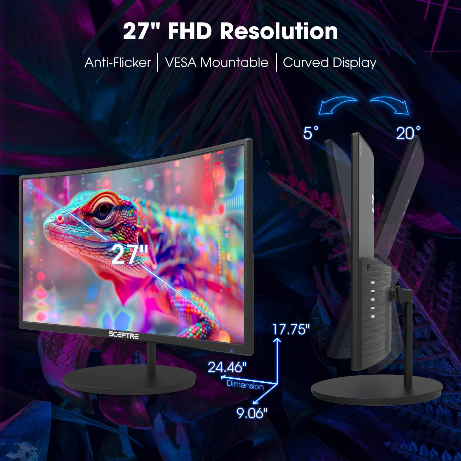 Monitor LED Curvado Sceptre Negro 27 Pulgadas FHD 1080p 75Hz HDMI VGA Altavoces Integrados 2019