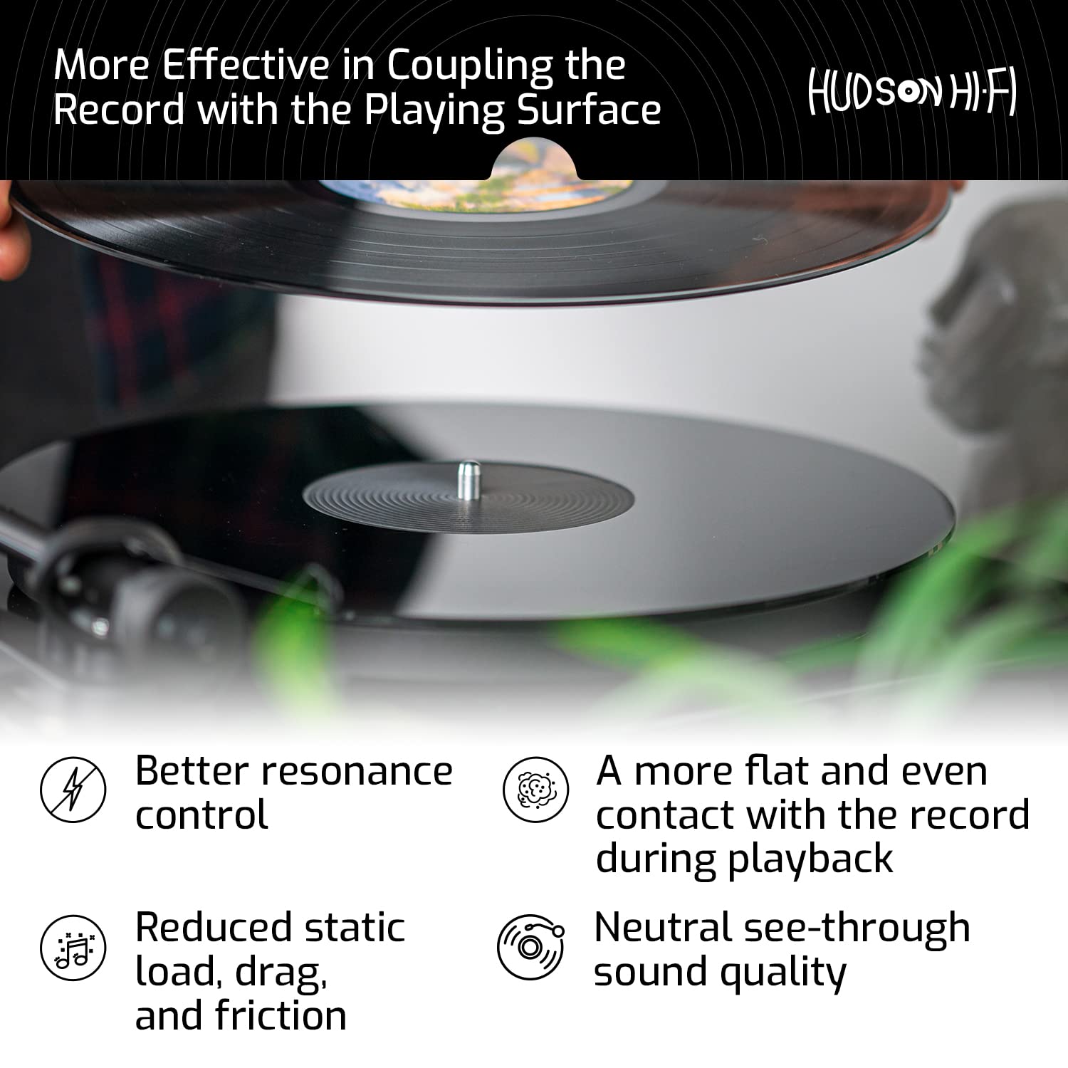 Hudson Hi-Fi Estera giratoria de acrílico - LP Slipmat para tornamesas y Tocadiscos de Vinilo - Negro Mate