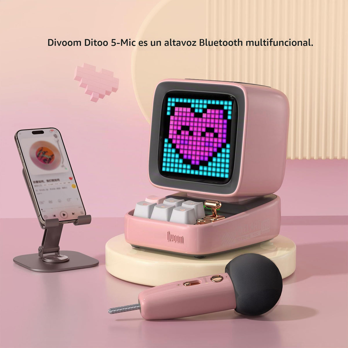 Micrófono con Altavoz Bluetooth Divoom DitooMic Rosa con función Karaoke