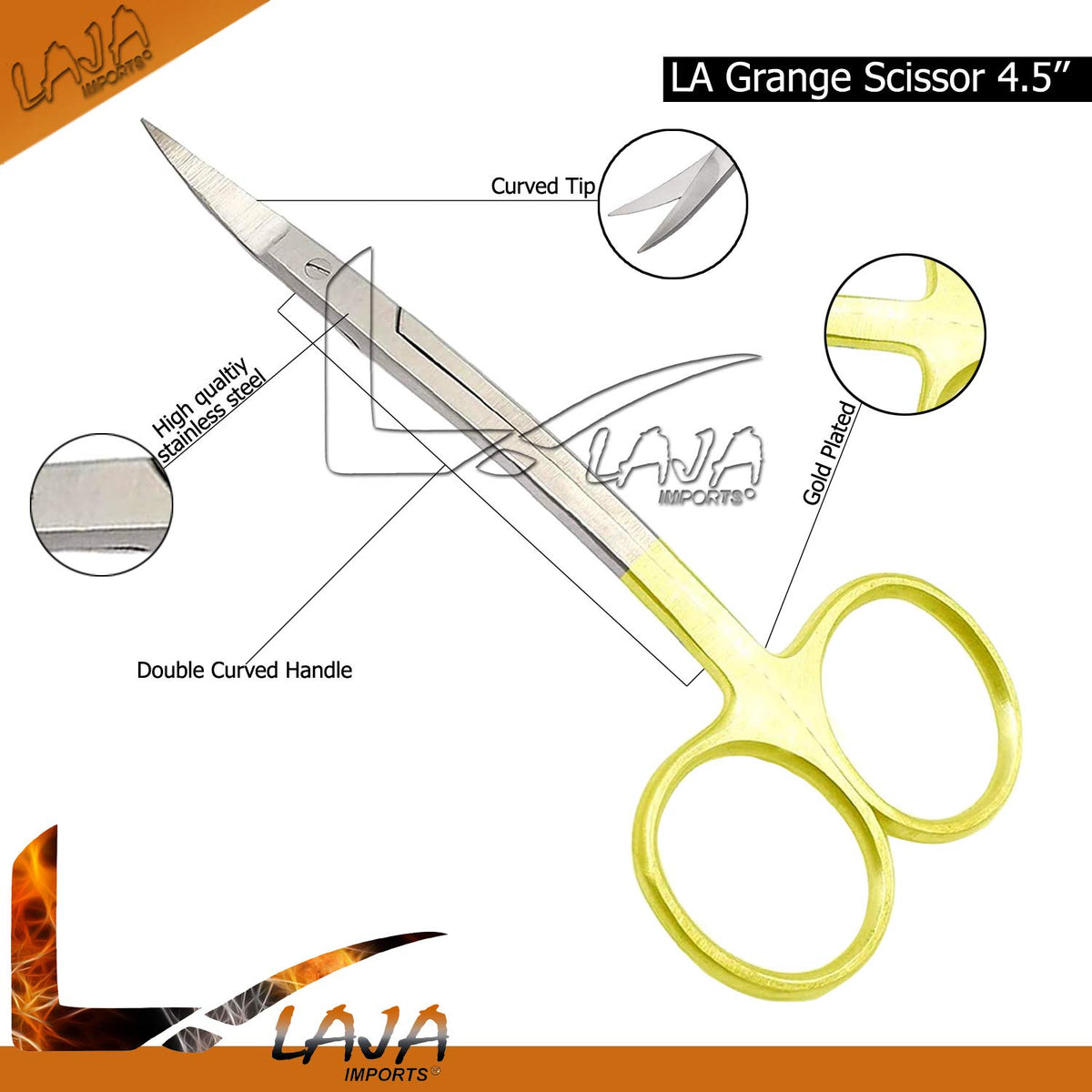 Laja las importaciones Tijeras 11,4 cm pulgadas la Grange asa curvada de chapados en oro Gum Dental Tijeras con carburo de tungsteno bordes extra fuerte y duradera