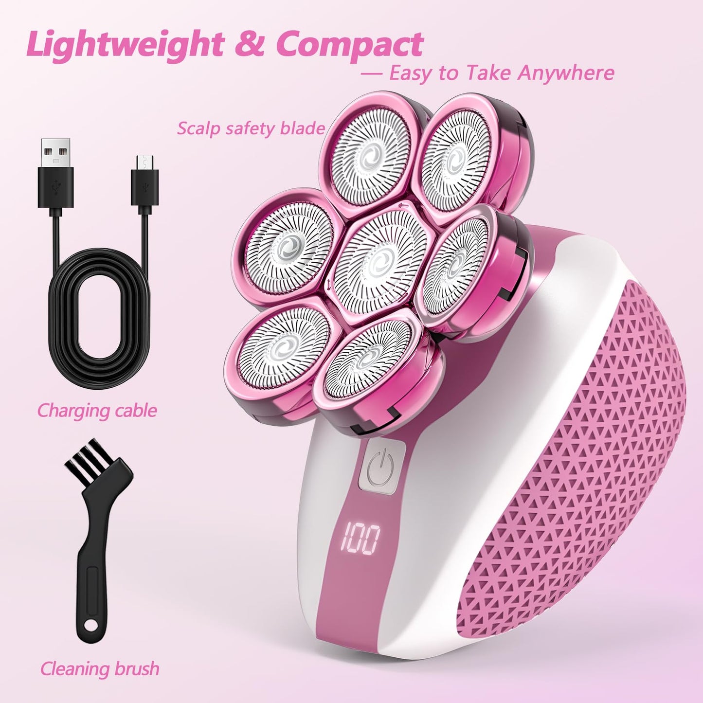 TogBeut Afeitadora eléctrica 7D para hombres calvos, con pantalla LED, para uso en seco y húmedo, kit profesional 5 en 1 para cabello, rostro y barba (rosa)