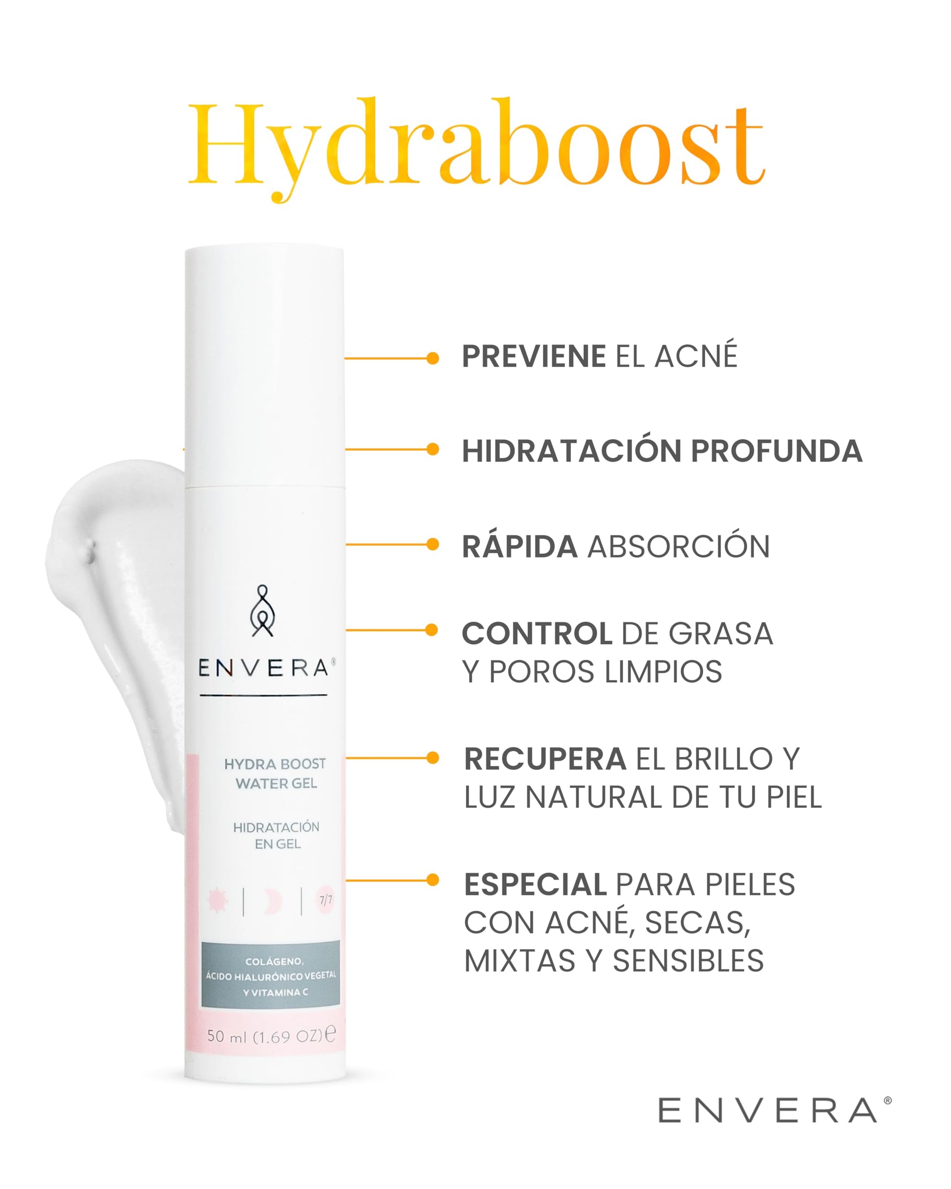 ENVERA Hidratante Facial 50 ml Hydraboost 2 en 1 Hidratación Profunda + Control de Grasa | Skin Care con Gel con Ácido Hialurónico, Colágeno y Extracto de Aguacate Vegano