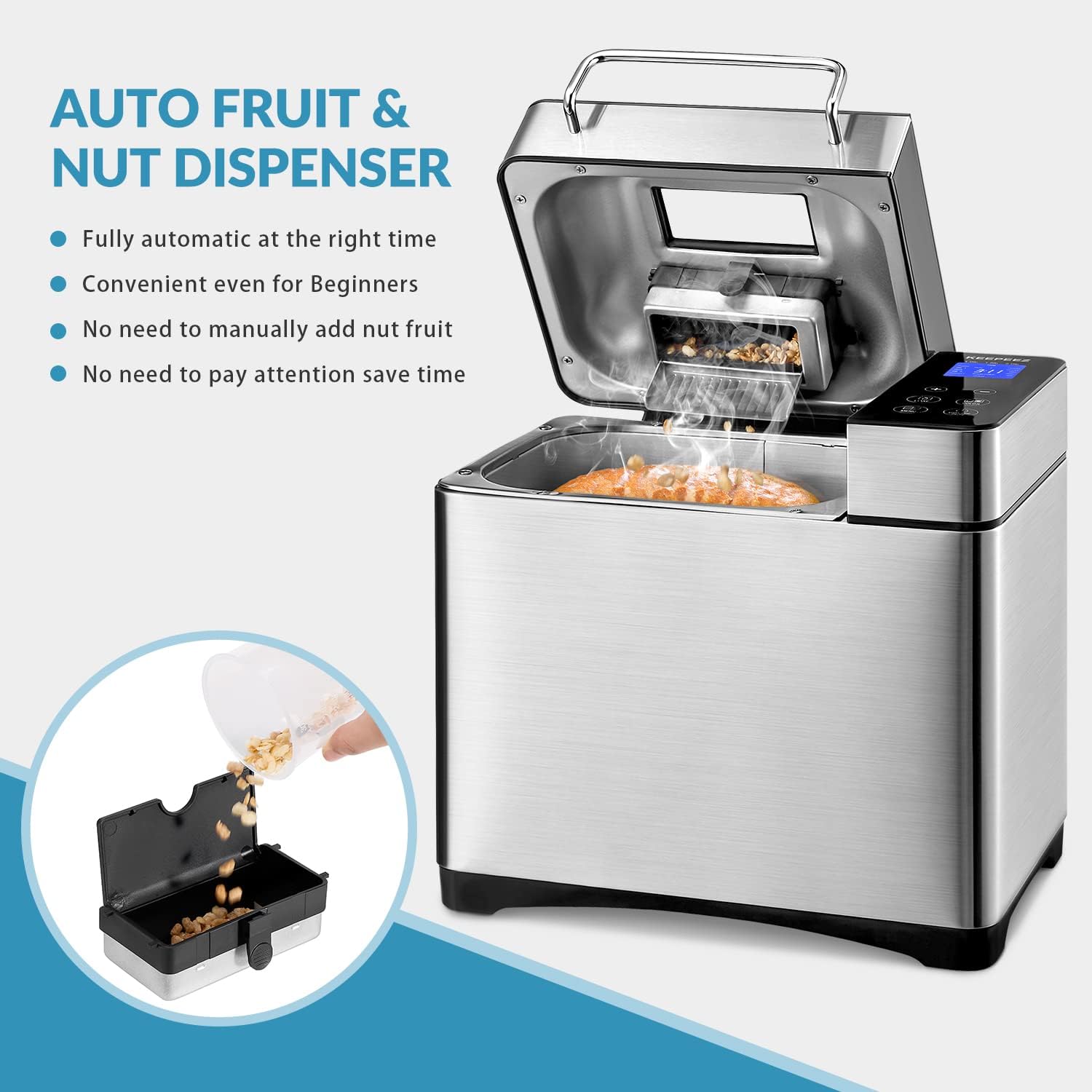 Máquina de pan de acero inoxidable 17 en 1, máquina de pan de 2 libras sin BPA antiadherente de 5 capas superior de cerámica fundida a presión, dispensador automático de frutos secos, 2 paletas y