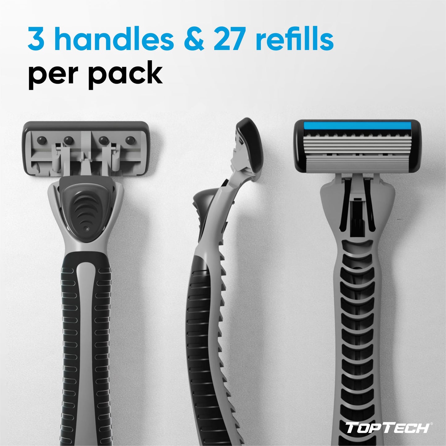 TopTech PRO 5 Rastrillo para Afeitar Hombre Reutilizable Trio Set - Afeitadoras Manuales con Recambios - Pack de 30 Unidades (3 Mangos + 27 Cartuchos Reemplazables), Tecnología de 5 Cuchillas - Afeitado Suave y Cuchillas Afiladas - Excelente Precio para R