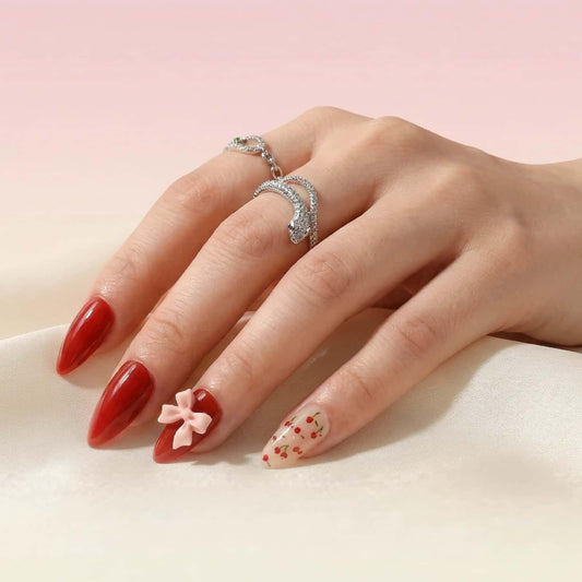 CLYHLTMZ Uñas Postizas Cortas Almendradas, Color Rojo Vino, Cobertura Completa, Con Diseño De Lazo, Acabado Brillante Con Diseño De Cereza. Uñas Acrílicas Adhesivas Removibles Para Mujeres Y Niñas(30