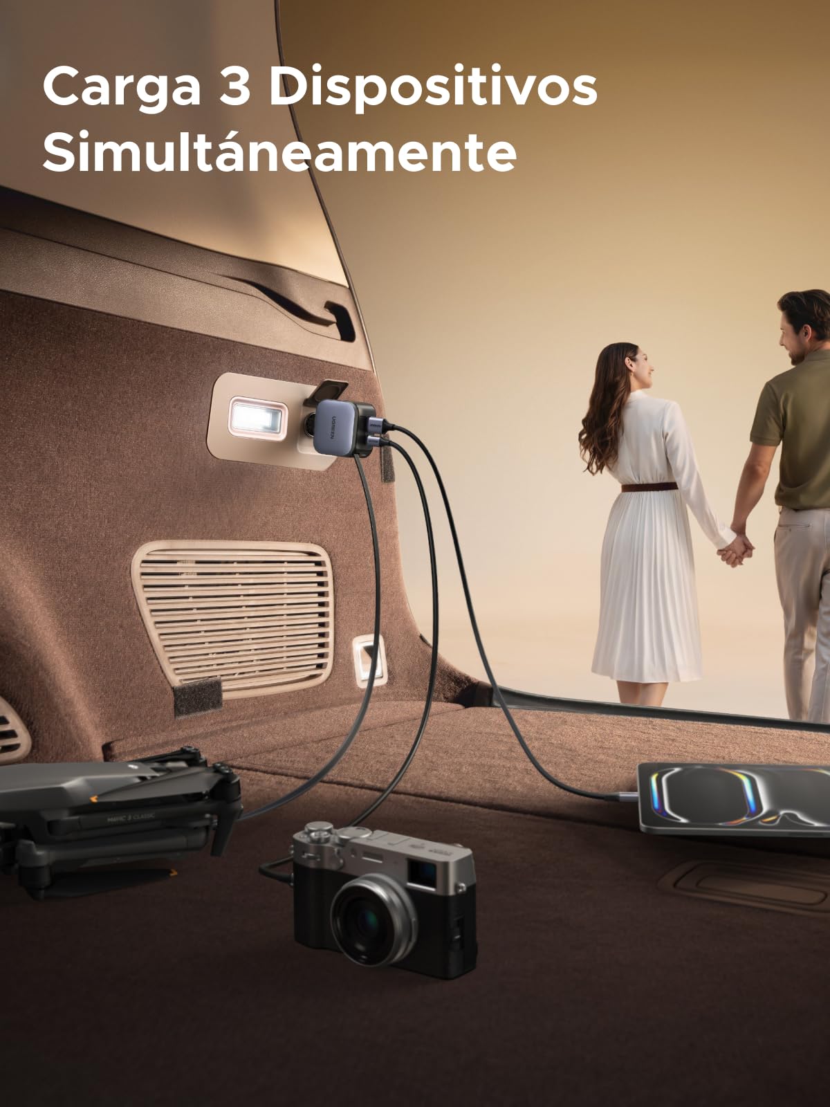 Cargador para Auto UGREEN Negro 3 en 1 60W Carga Rápida con Cable Retráctil USB C