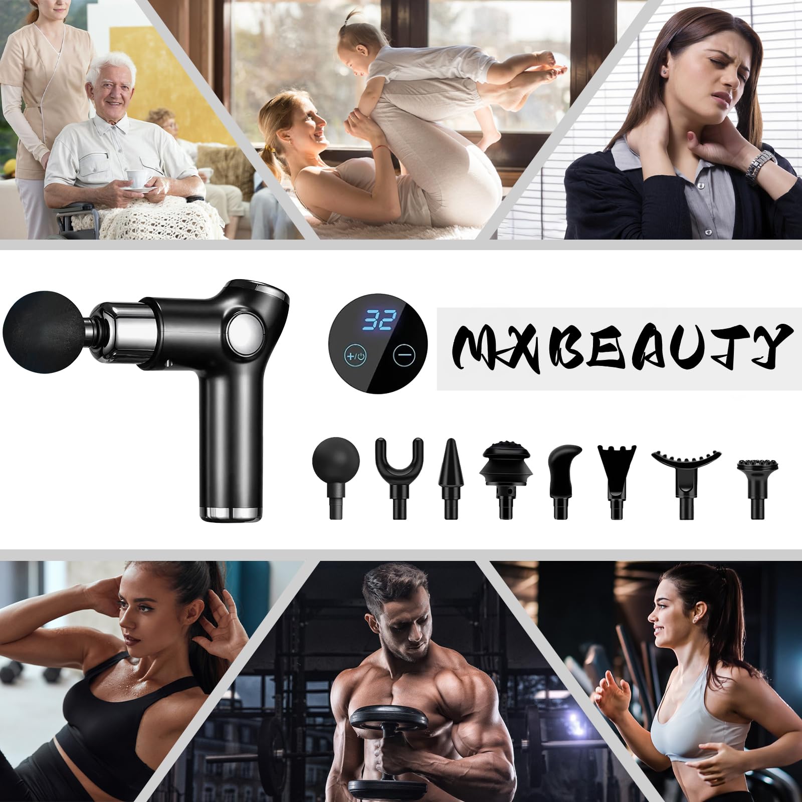 Pistola de Masaje,Masajeador Muscular de Tejido Profundo con 8 Cabezales,Máquina de Masaje Espalda Recargable,Mini Massage Gun Portátil con 32 Niveles Ajustables,Pantalla LCD,Súper Silencioso,Negro