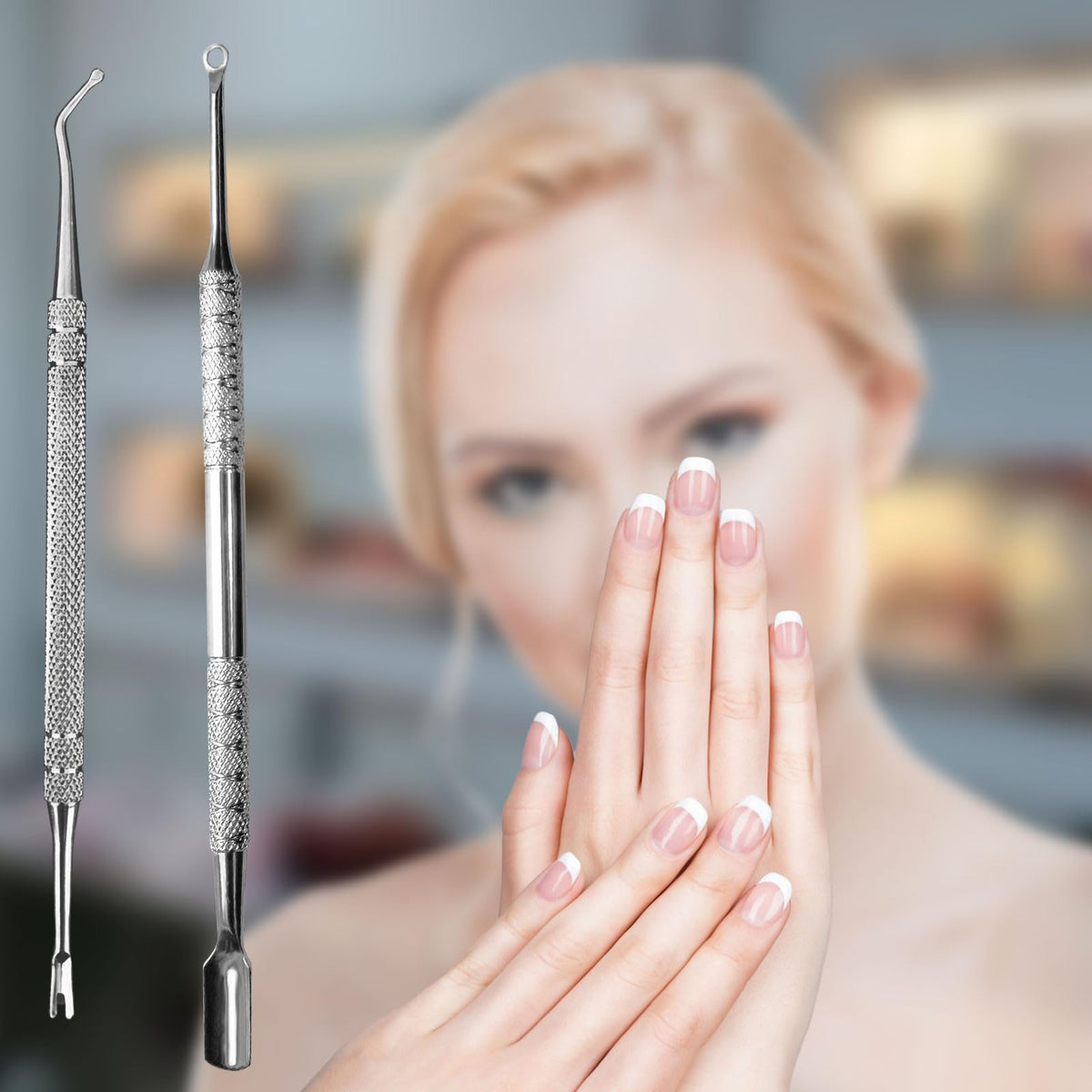 HIFAU Kit de cuidado de uñas de acero inoxidable, 2 piezas, empujador de cutículas y levantador de uñas mejorado, cortador de cutículas y removedor de esmalte de gel, duradero e higiénico para mujeres