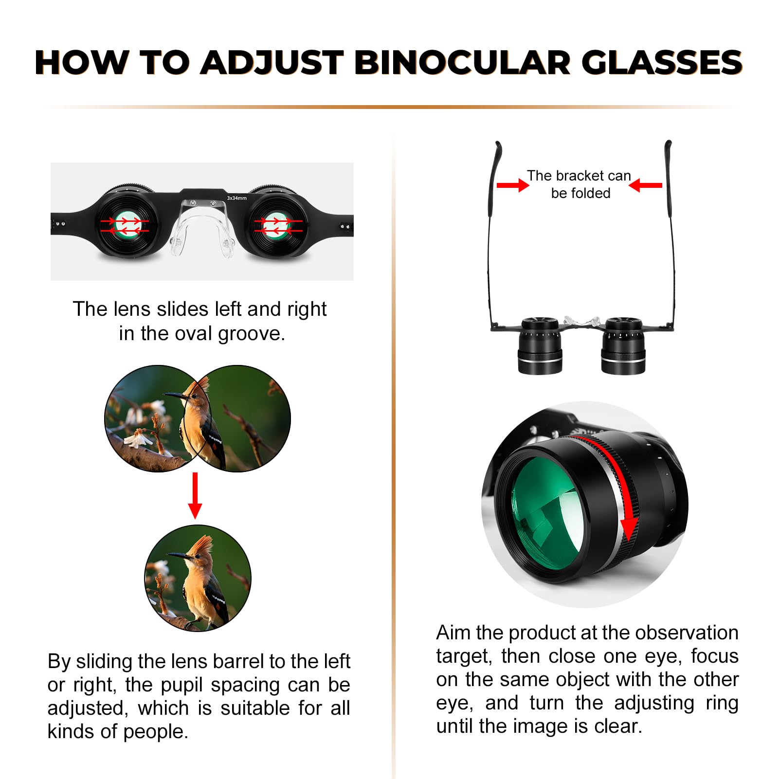 BIJIA 3X anteojos binoculares de ópera, manos libres, anteojos perezosos prismáticos, ligeros para pesca, observación de aves, televisión, deportes, conciertos, teatro y turismo, para adultos, hombres