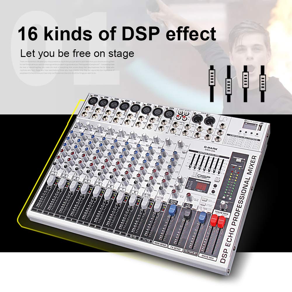 G-MARK GMX1200 Mezcladora de Audio 12 Canales 16 DSP Efectos Consola de Audio USB Interfaz Bluetooth DJ Mixer con Alimentación Phantom 48V Consola De Sonido para Computadora Grabación Broadcast