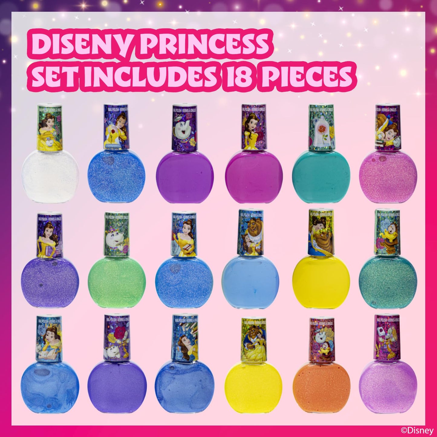 Disney Princess - Townley Girl Belle 18 piezas no tóxicas Peel-Off a base de agua seguro kit de esmalte de uñas de secado rápido | Juego de pintura de uñas para regalo de cumpleaños para niñas, colores brillantes y opacos| Niños mayores de 3 años