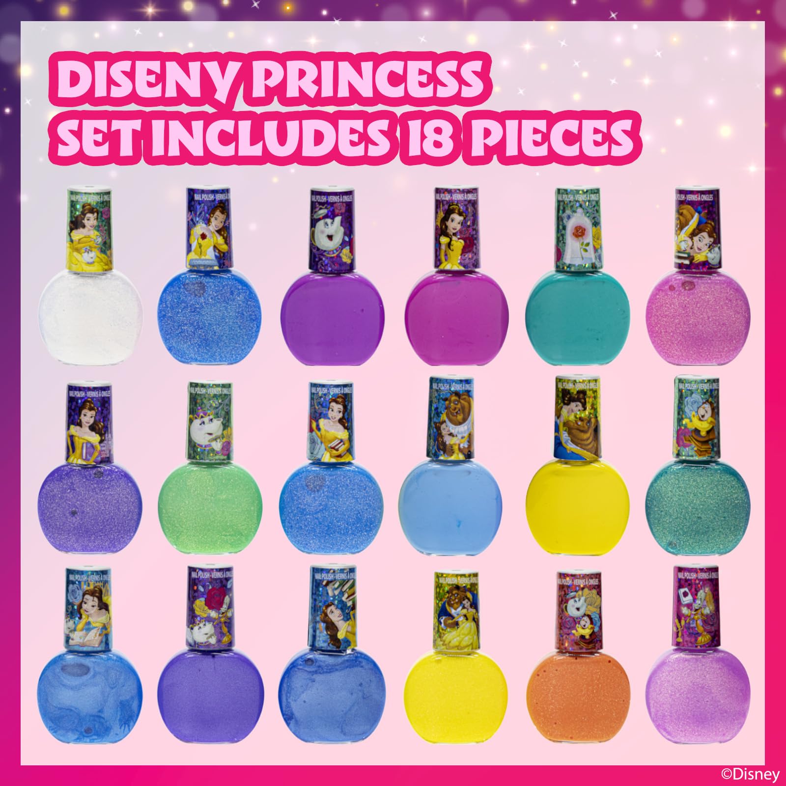 Disney Princess - Townley Girl Belle 18 piezas no tóxicas Peel-Off a base de agua seguro kit de esmalte de uñas de secado rápido | Juego de pintura de uñas para regalo de cumpleaños para niñas, colores brillantes y opacos| Niños mayores de 3 años