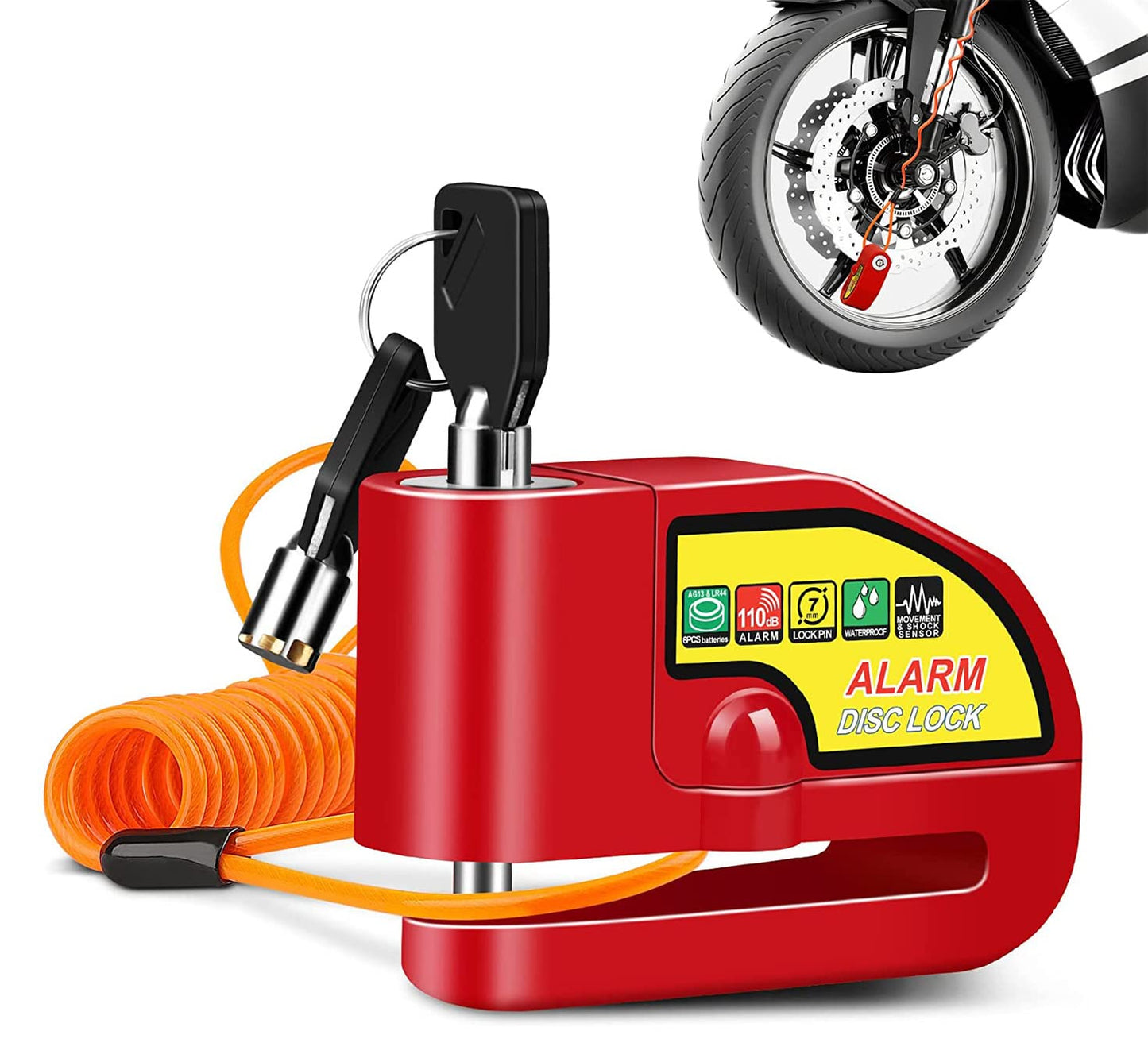Alarma de Freno de Disco Impermeable de Seguridad para Motocicleta Scooter Rojo con Sonido de 110dB y Cable de Alerta de 4,3 Pies