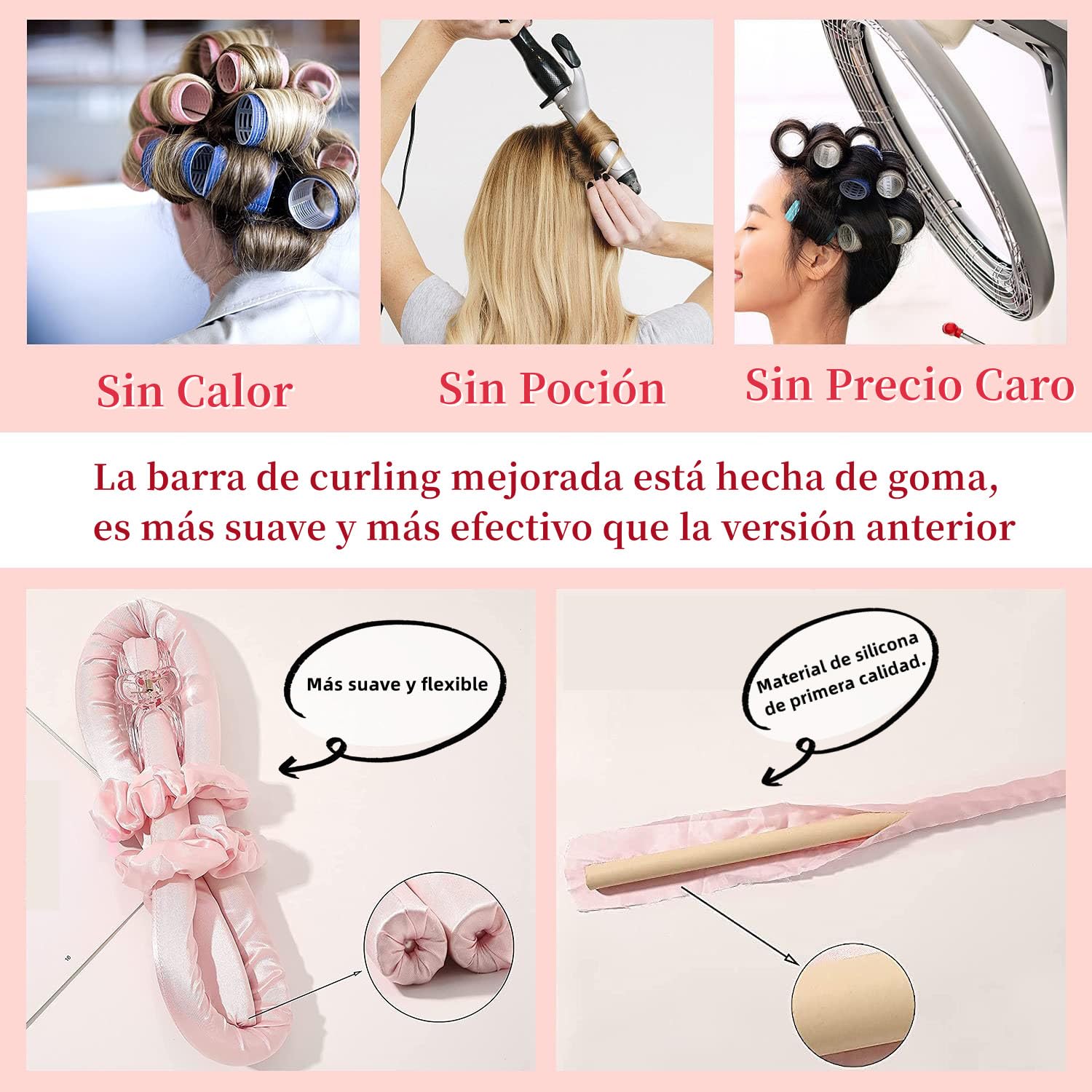 Rizador Pelo Sin Calor, Rulos Flexibles para Rizar Pelo Ondas, con Pinzas para el Cabello y Coletero, Kit de Herramientas de Peinado de Pelo de Seda Suave, Sin Daños, Sin Calor - Rosa
