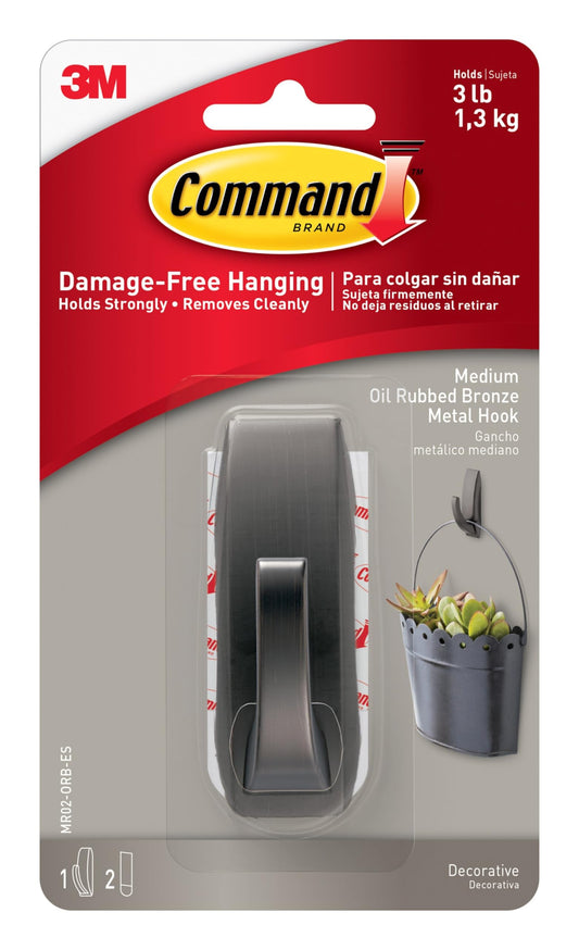 Command - Gancho de metal con reflejos medianos y modernos, soporta hasta 5 libras, bronce aceitado, 1 gancho de pared con 2 tiras de mando, ganchos colgantes sin daños para colgar decoraciones en