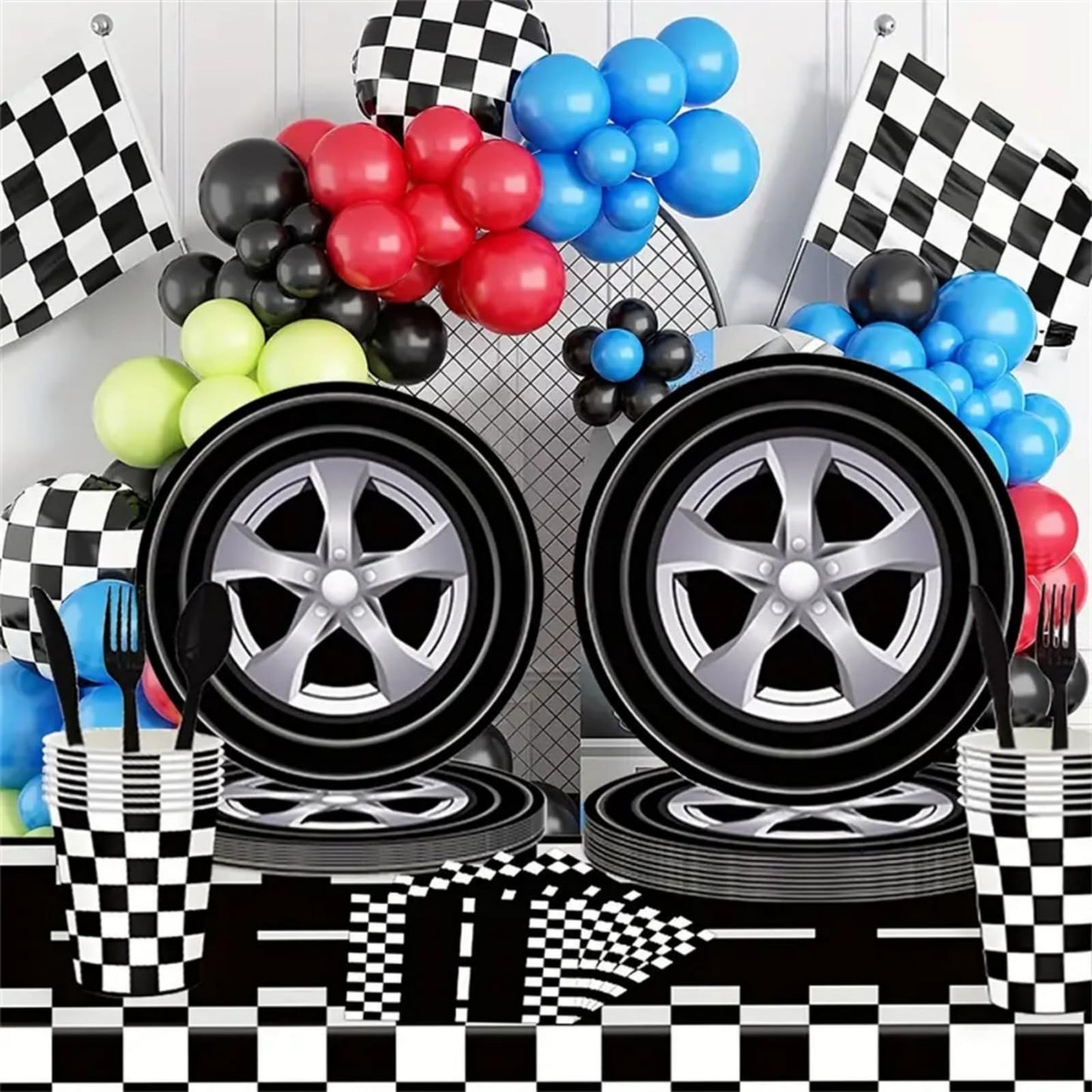 Vajilla Desechable Temática Carreras Vajilla 24 Platos con Forma de Rueda de Coche para Fiestas de Cumpleaños