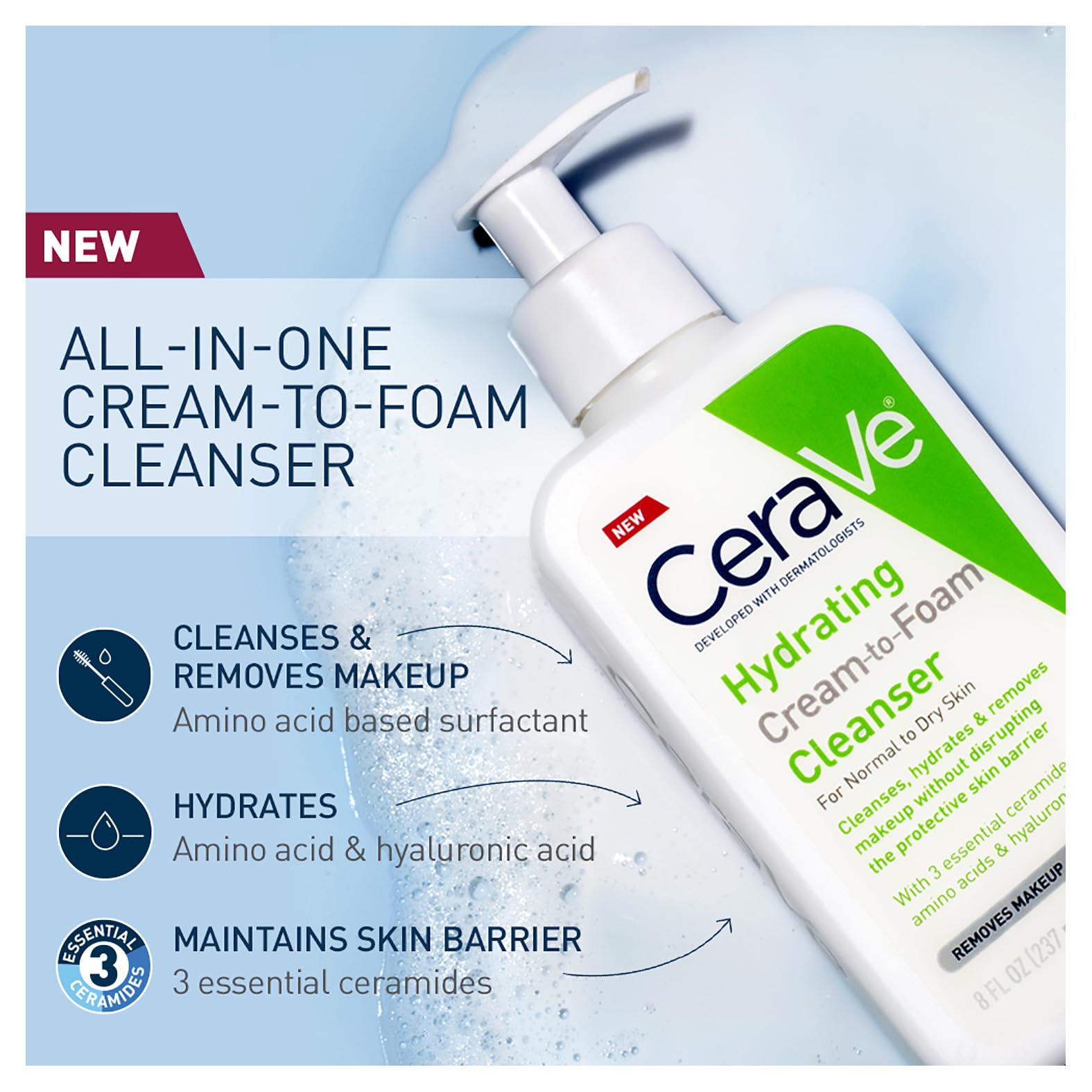 CeraVe Limpiadora Crema-Espuma Hidratante Facial Diaria para Piel Normal a Seca 236ml