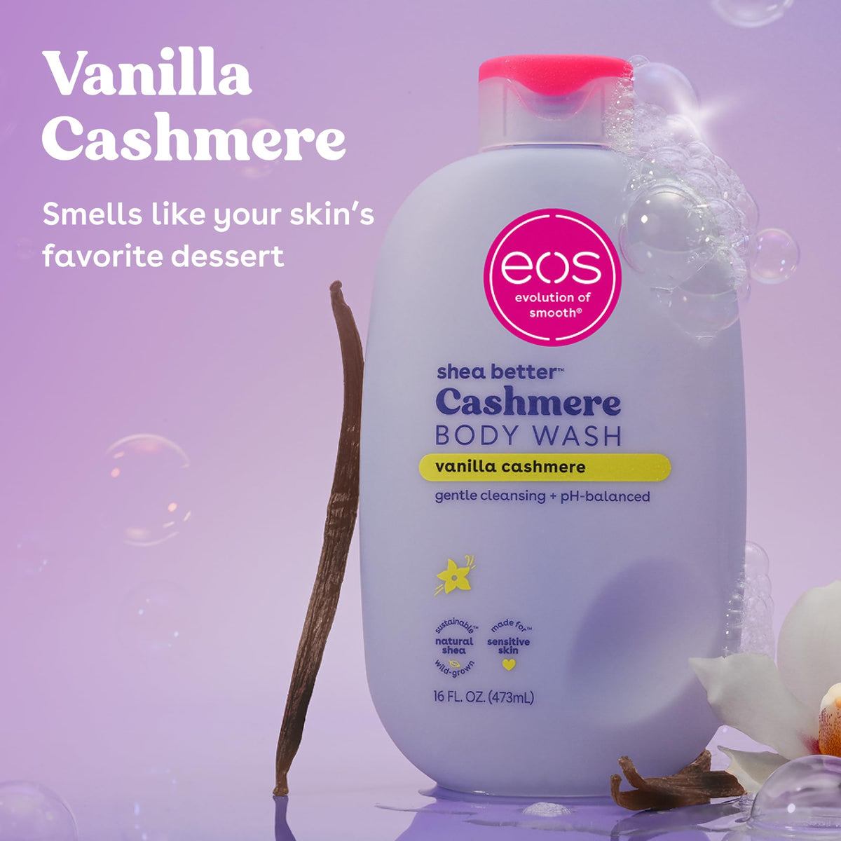 EOS Shea Better Gel de Baño de Vainilla Cachemira, Hidratante y Nutritivo, Fórmula de Gel Cremoso Equilibrado de pH, Libre de Parabenos ni Ftalatos, para Piel Sensible, 16 Onzas Líquidas