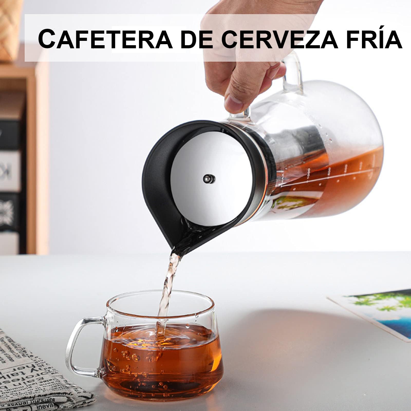 Café En Frío Cold Brew Jarra De Vidrio,1.2L Cafetera Cold Brew Vidrio de Primera Calidad Tetera Helada,Con filtro de acero inoxidable extraíble y tapa hermética,Apto para té de frutas o café