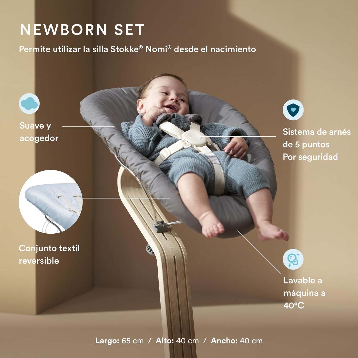 Stokke Nomi Sillar (Gris) + Newborn Set (Gris/Azul Grisáceo) - Incluye un Arnés de Seguridad de Cinco Puntos y Un Set de Tela Reversible y Lavable - Soporta hasta 150 kg