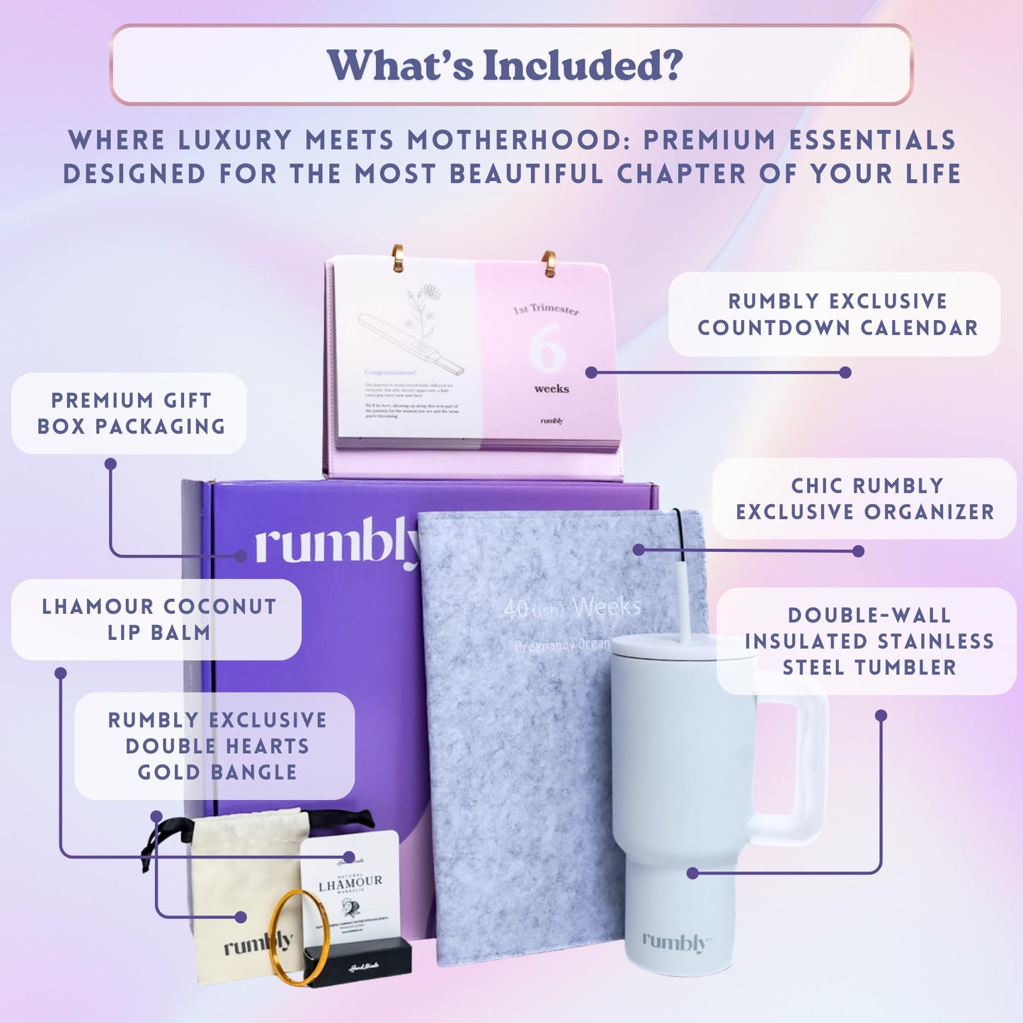 Rumbly 1. Trimestre Essentials Box para mujeres embarazadas – Regalo para mujeres embarazadas – Paquete de cuidado con artículos esenciales para nuevas madres y imprescindibles para el embarazo